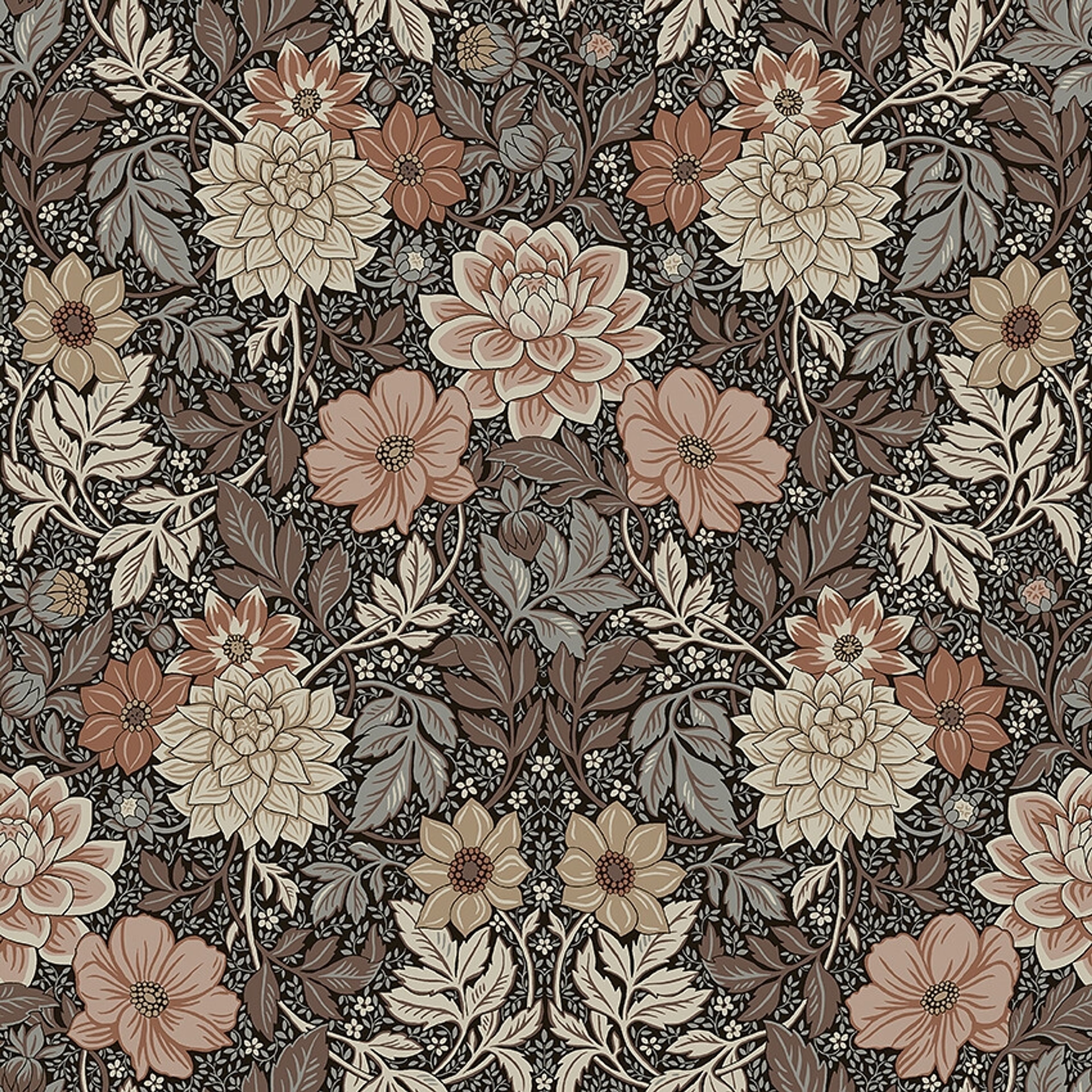 Dahlia Garden, brun tapet med blommigt mönster i brun. Från kollektionen Falsterbo III. Nonwoven-material med rak passning.