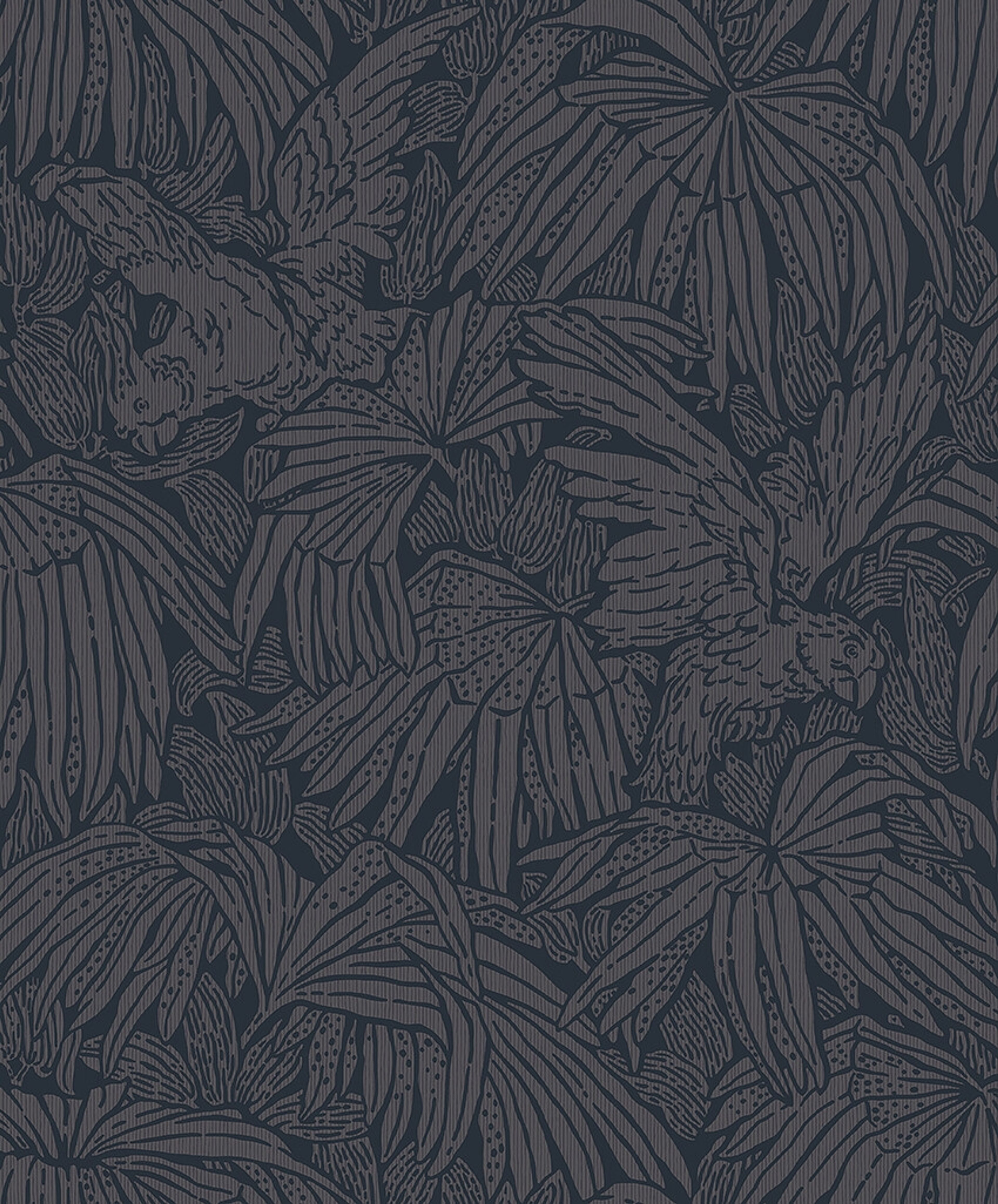 Hidden Parrot blå tapet med djur, botaniskt mönster i blå. Från kollektionen Treasured. Nonwoven-material med förskjuten passning. Passar i kök, hall och arbetsrum.