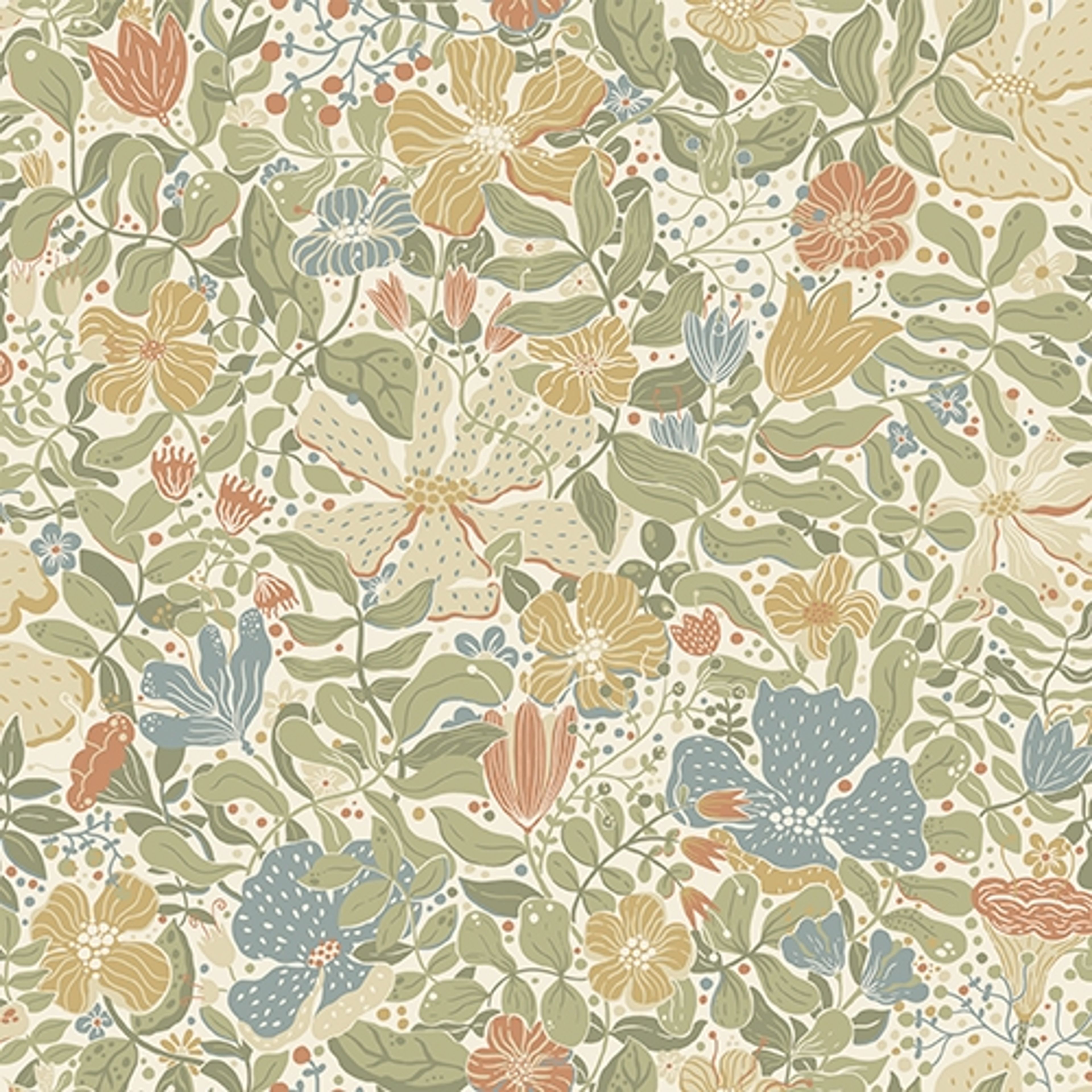 Midsommar tapet med blommigt mönster i grön. Från kollektionen Längtan. Nonwoven-material med förskjuten passning. Passar i barnrum.