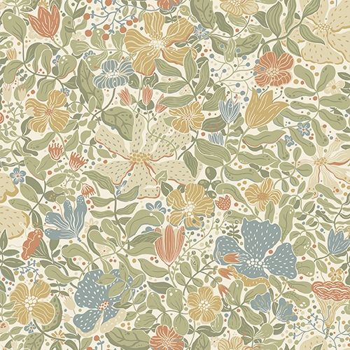 Midsommar tapet med blommigt mönster i grön. Från kollektionen Längtan. Nonwoven-material med förskjuten passning. Passar i barnrum.