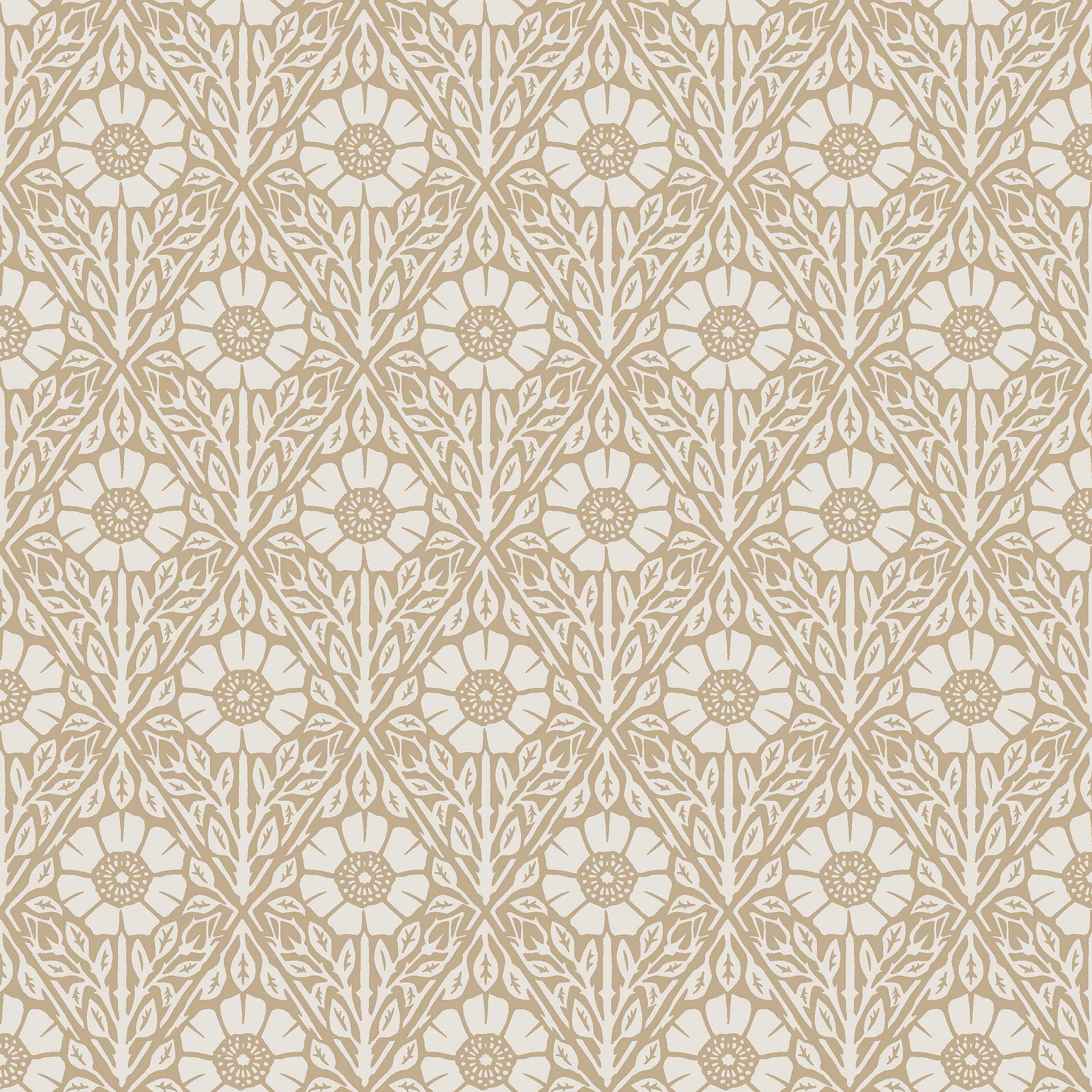 Nyponros brun, tapet tapet med blommigt mönster i brun. Från kollektionen Nordic Folk. Nonwoven-material med förskjuten passning. Passar i vardagsrum.