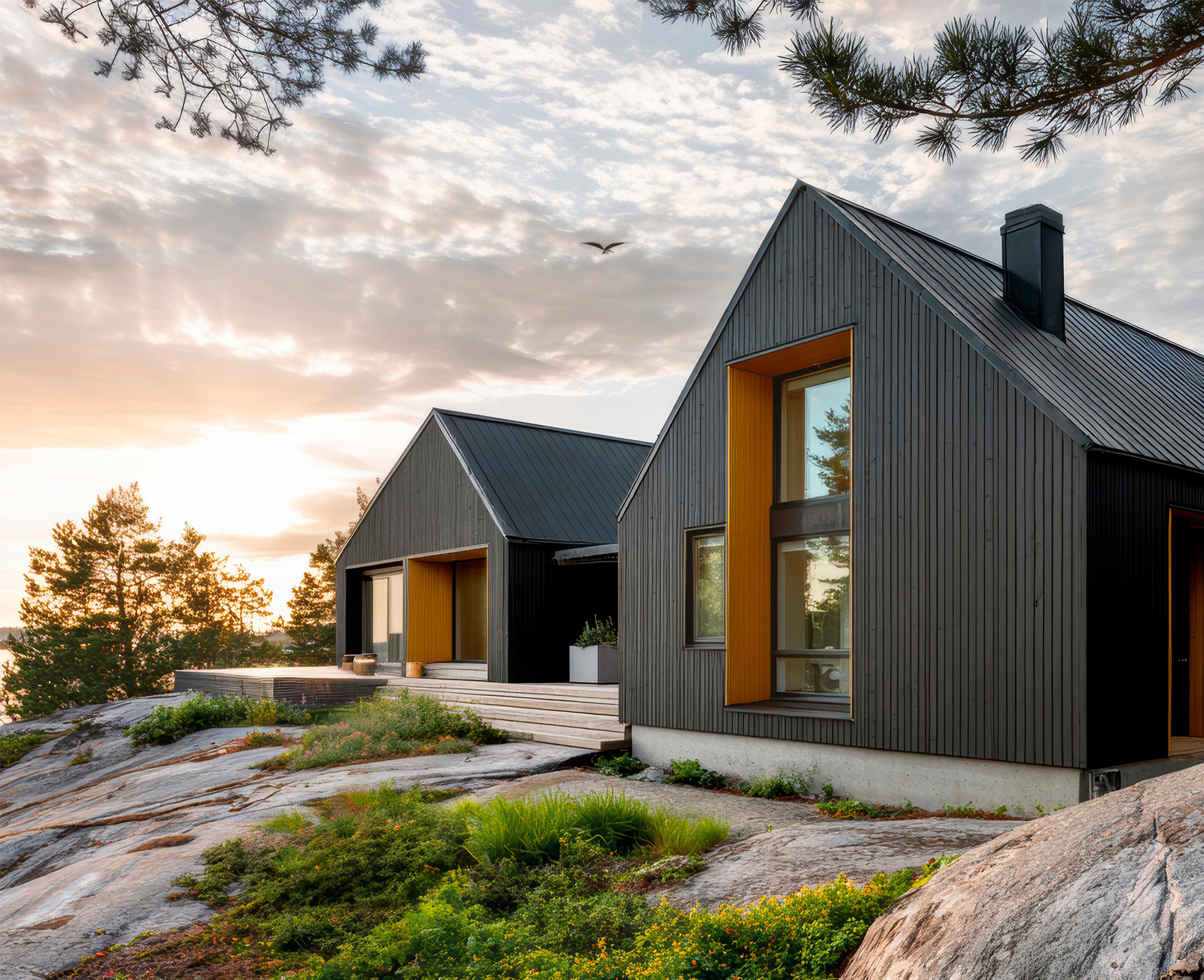 A modern dark green house with a large wooden deck and outdoor furniture, overlooking a rocky coast.
