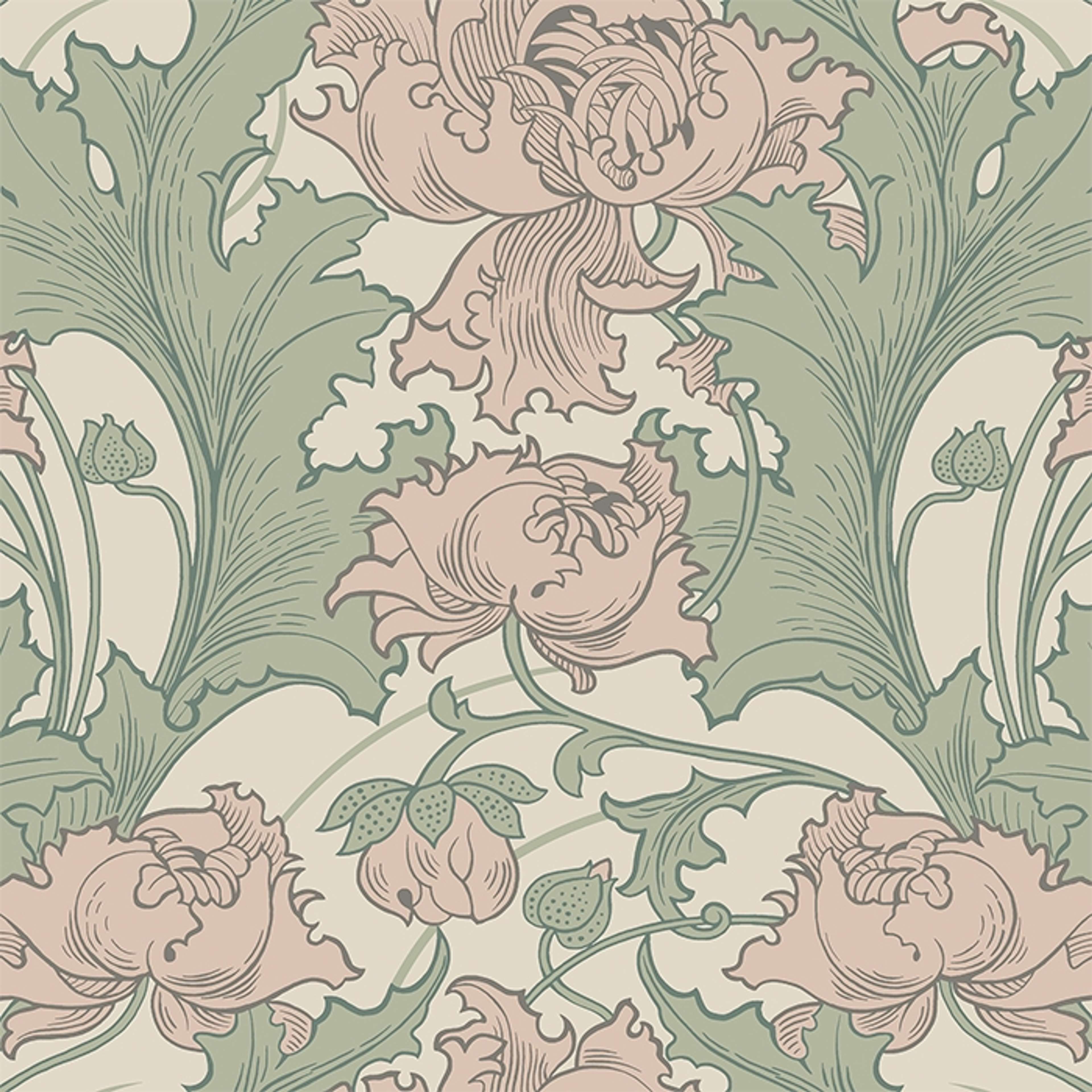 Siri tapet från Boråstapeter med botaniskt mönster i rosa och grön. Från kollektionen anno. Nonwoven-material med förskjuten passning. Country-stil. Passar i sovrum och matsal.