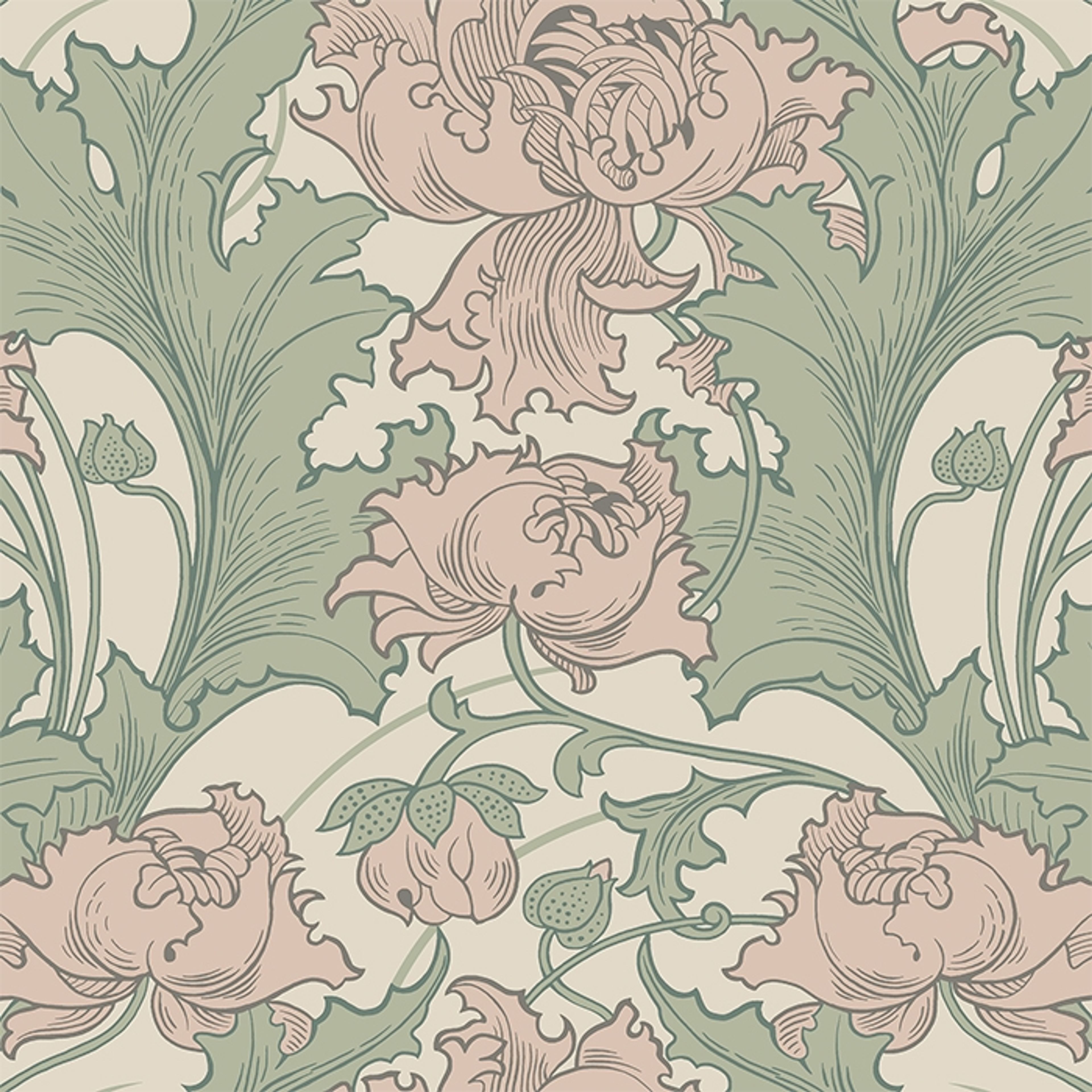 Siri tapet från Boråstapeter med botaniskt mönster i rosa och grön. Från kollektionen anno. Nonwoven-material med förskjuten passning. Country-stil. Passar i sovrum och matsal.