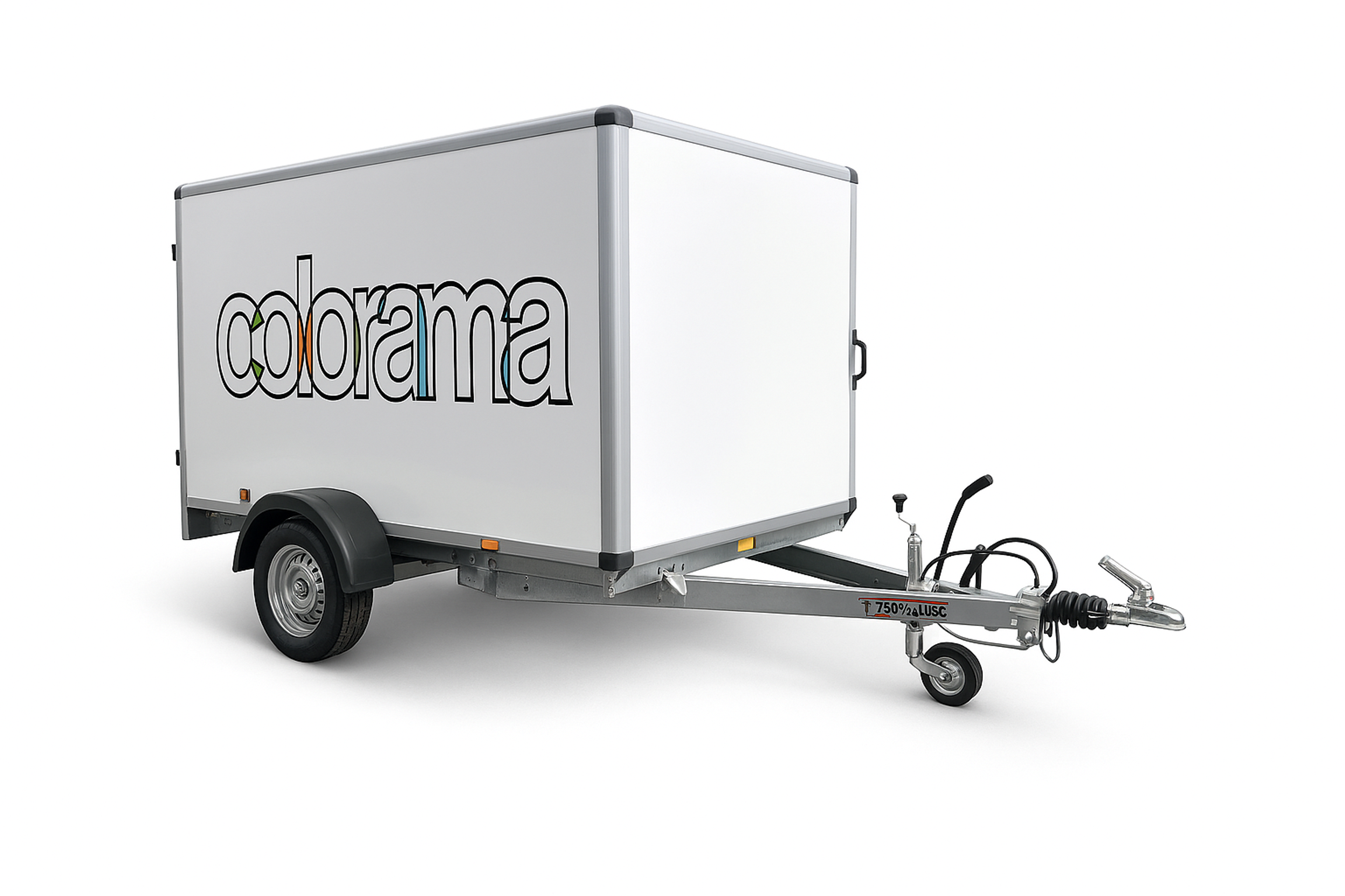 A white cargo trailer with the word "colorama" on its side.