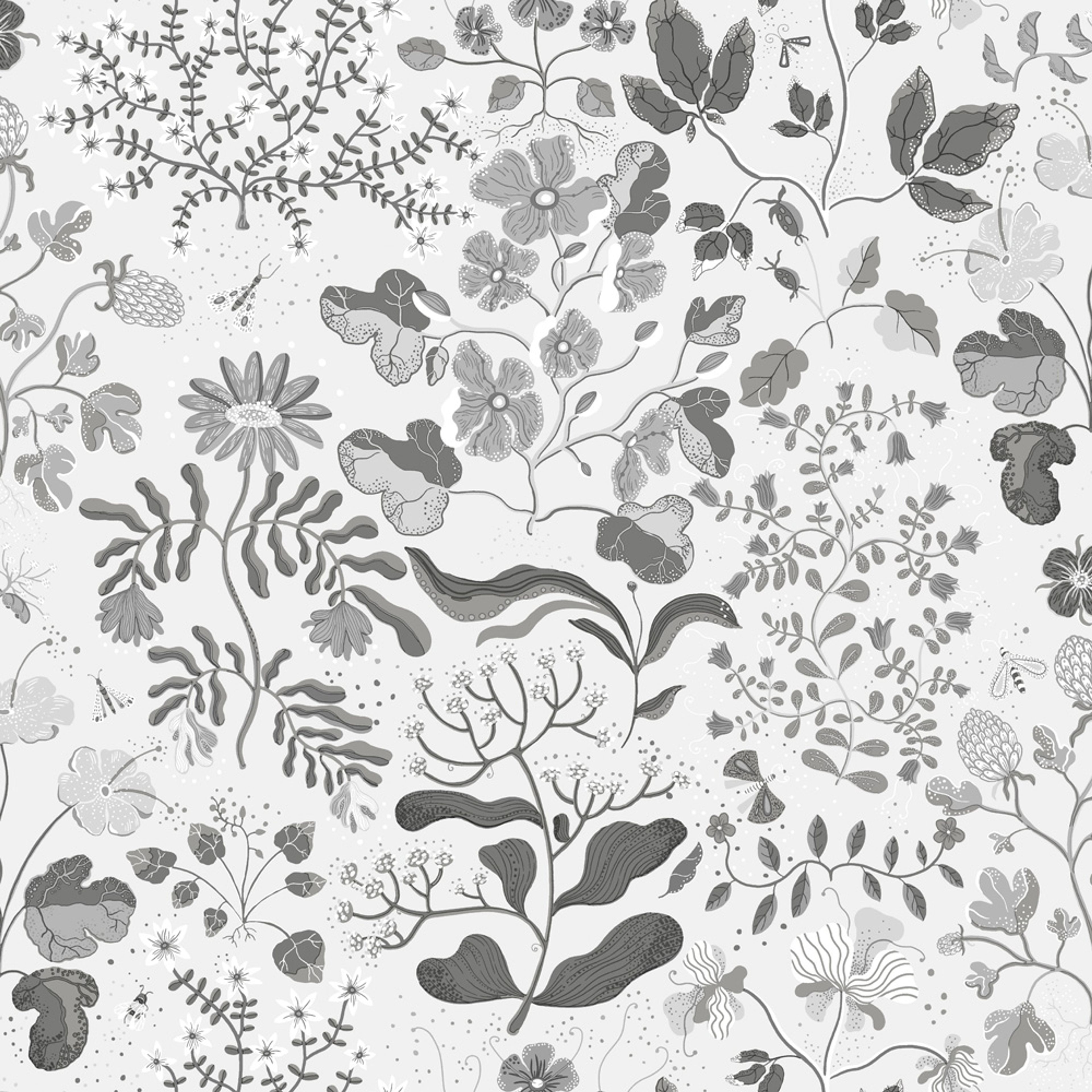 Groh tapet med botaniskt mönster i vit. Från kollektionen Fägring. Nonwoven-material med förskjuten passning.