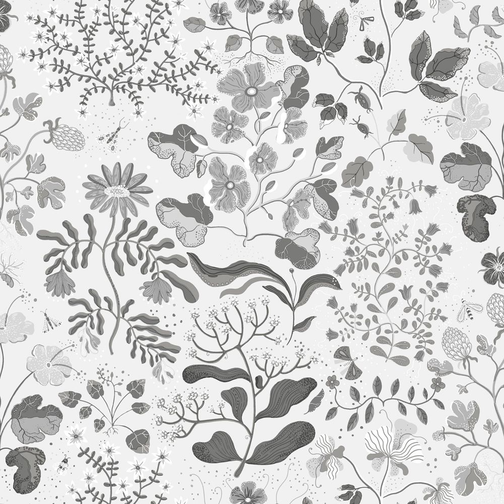 Groh tapet med botaniskt mönster i vit. Från kollektionen Fägring. Nonwoven-material med förskjuten passning.