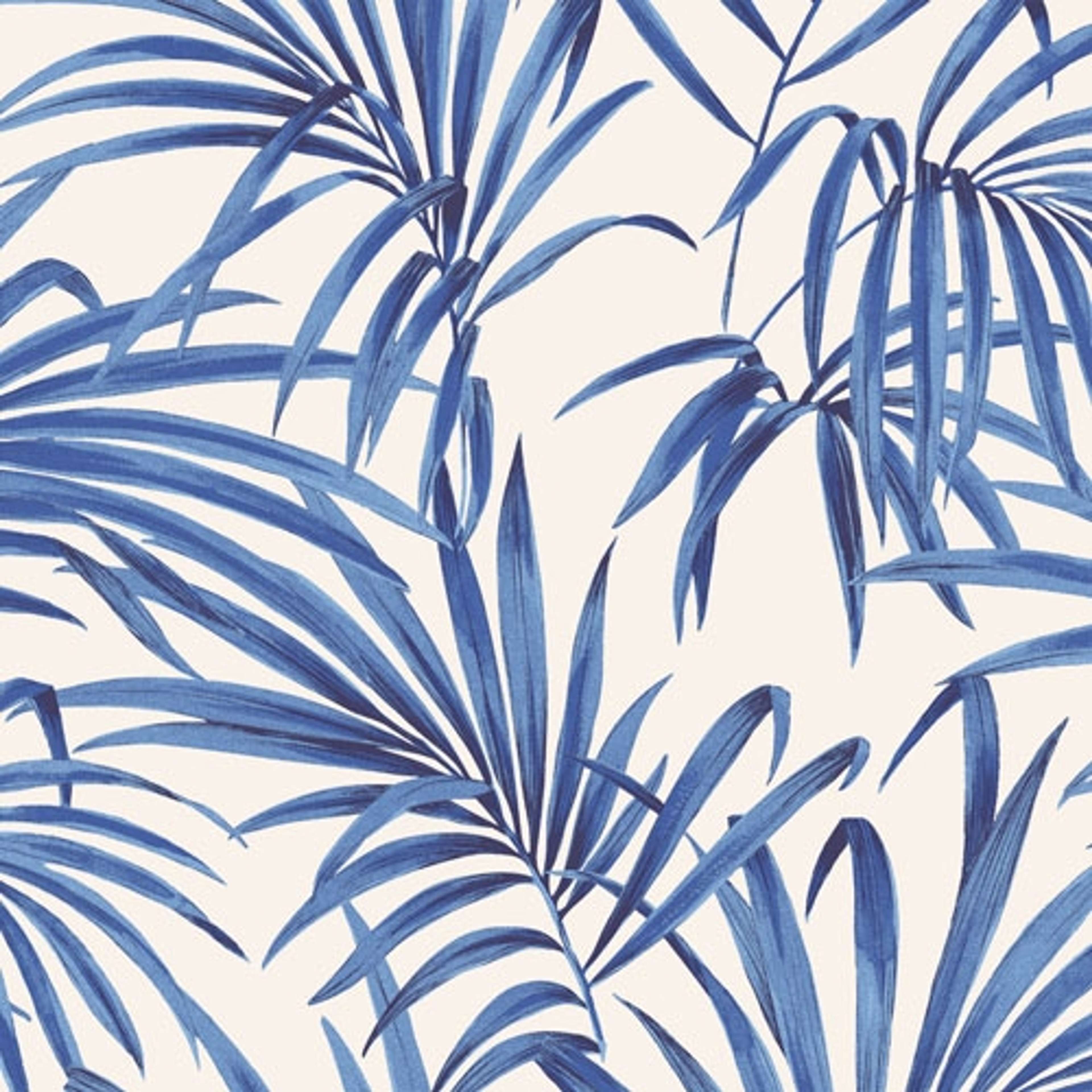 Palm cobalt tapet med botaniskt mönster i vit. Från kollektionen lotus. Nonwoven-material med förskjuten passning.