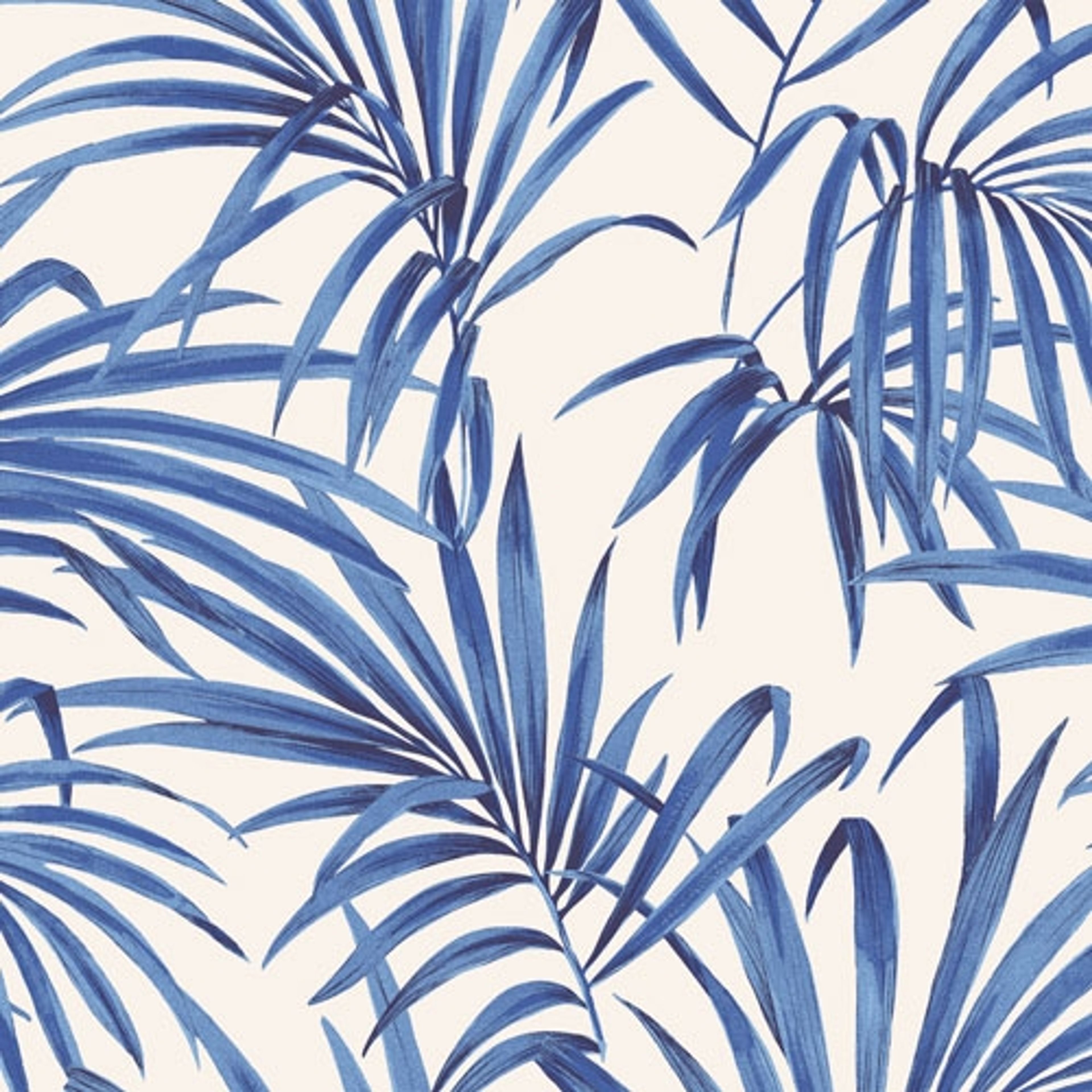 Palm cobalt tapet med botaniskt mönster i vit. Från kollektionen lotus. Nonwoven-material med förskjuten passning.