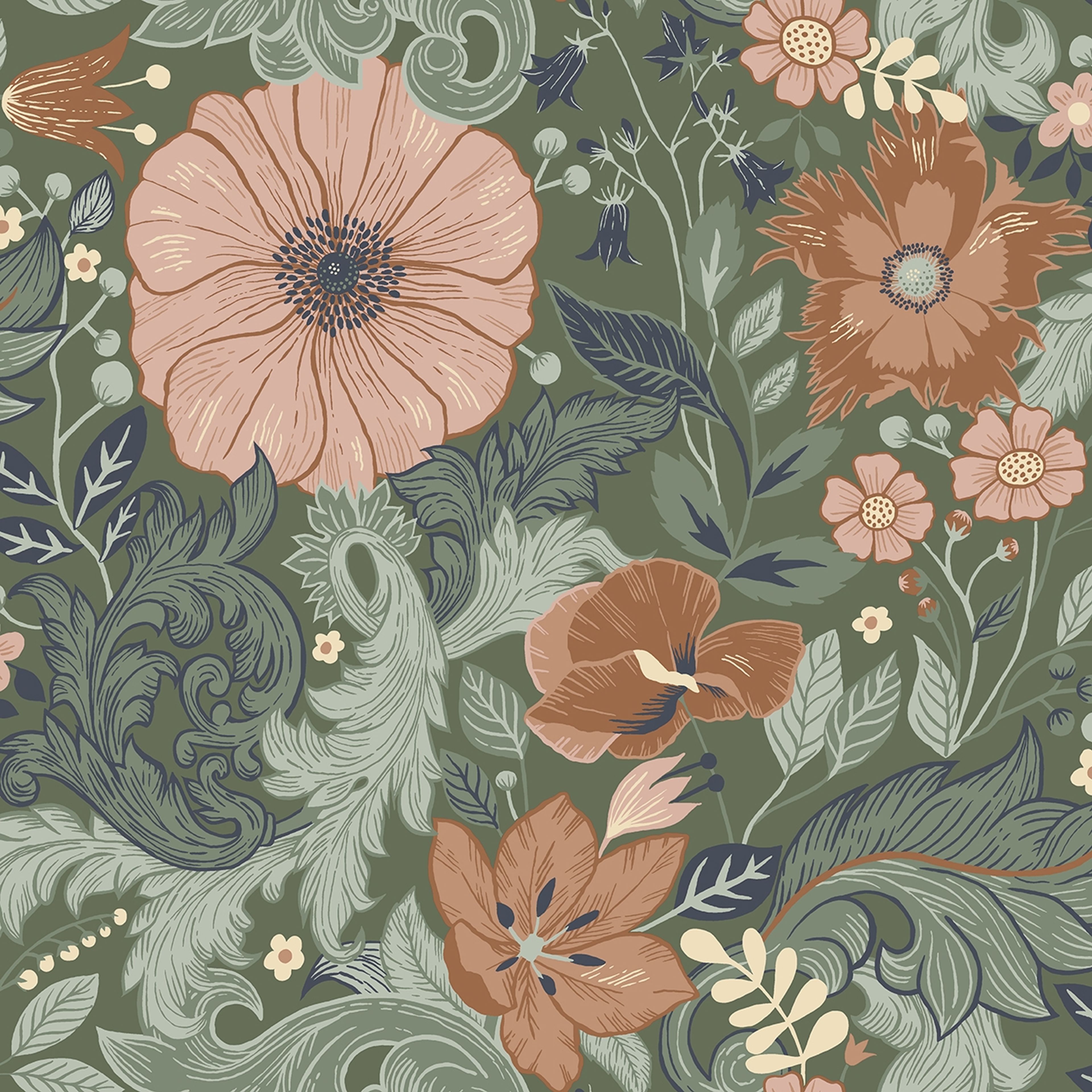 Victoria tapet med blommigt mönster i rosa och grön. Från kollektionen Ängås. Nonwoven-material med förskjuten passning.
