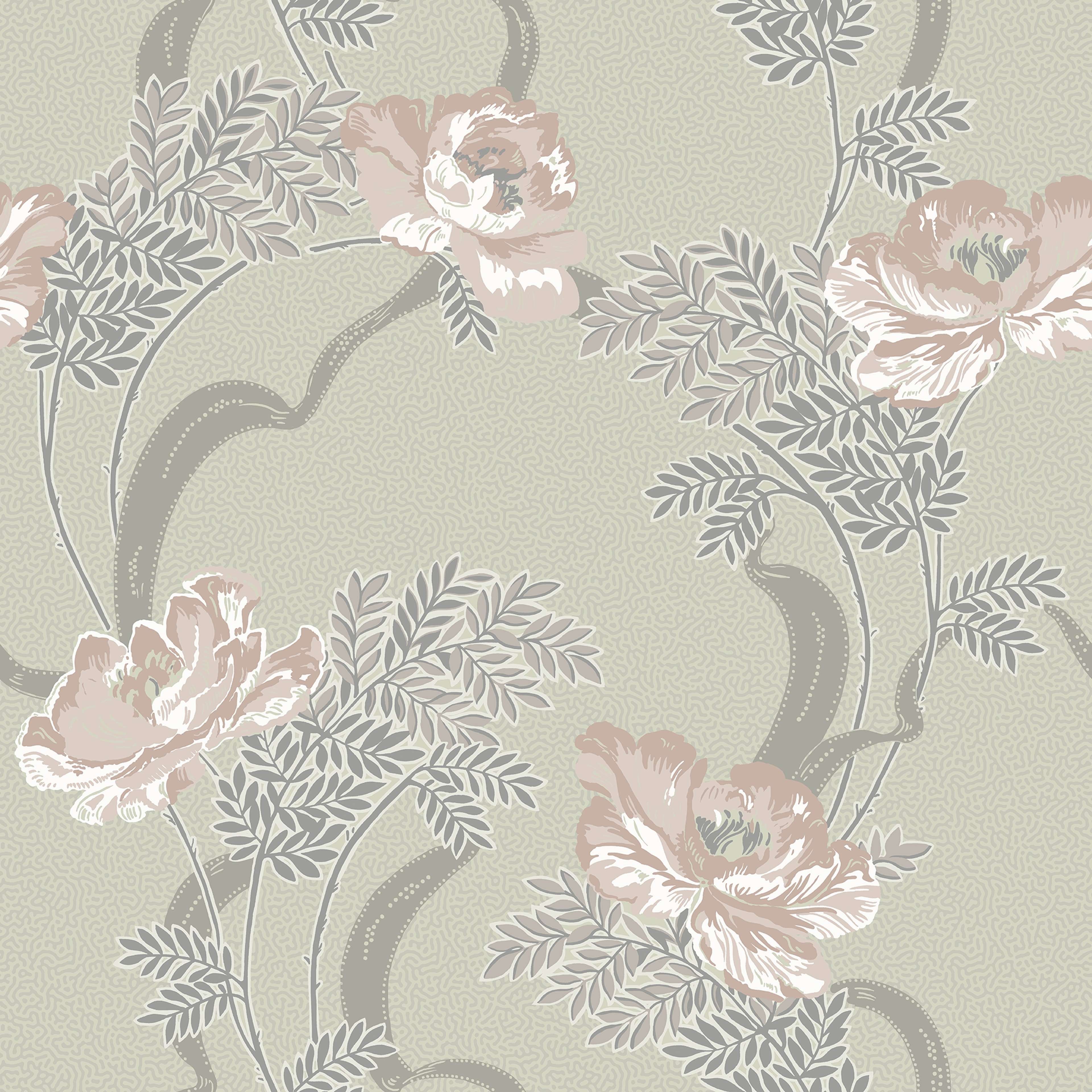 Ovansjö Beige tapet med blommigt mönster i beige. Från kollektionen Gammalsvenska klassiker 1850–1950. Nonwoven-material med rak passning.