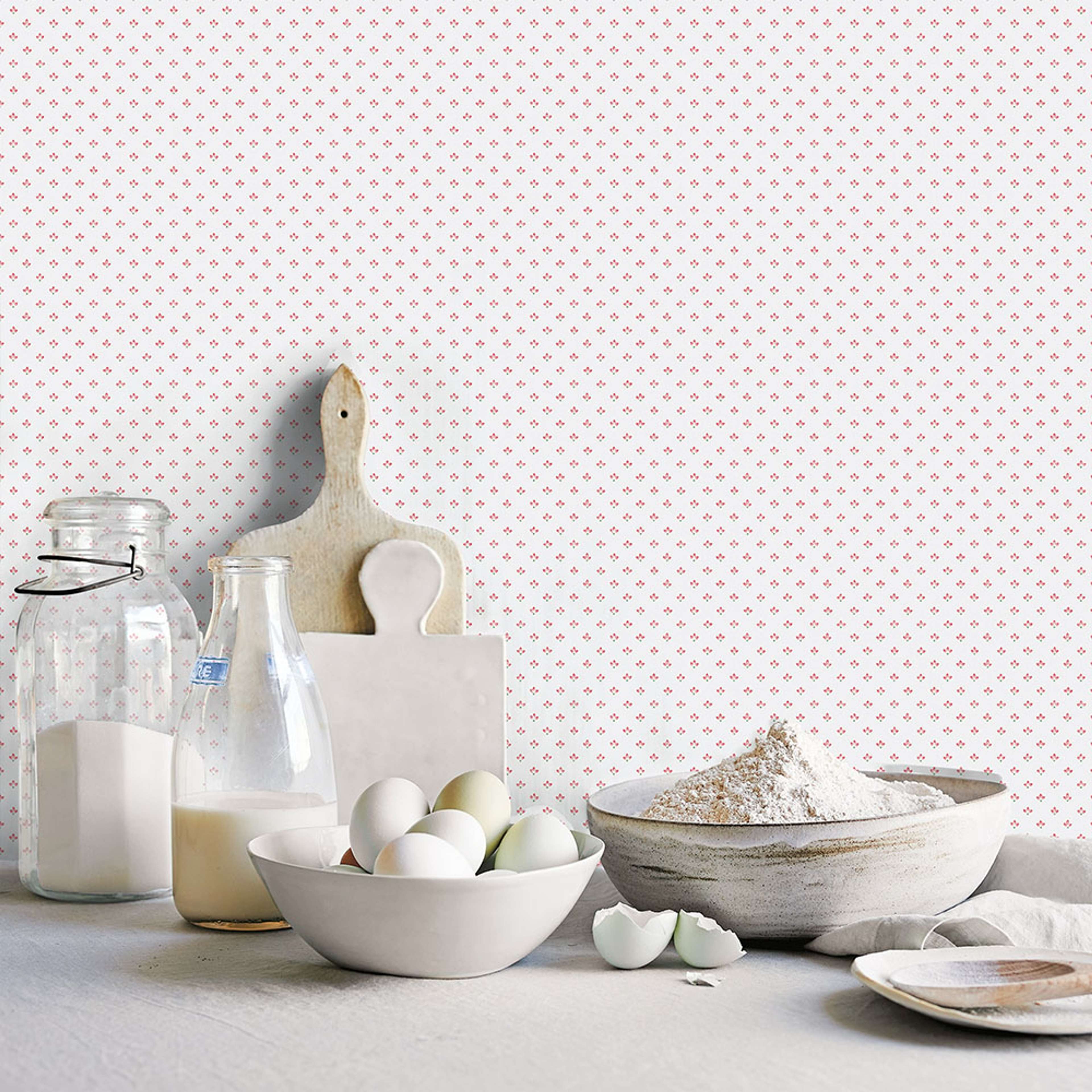 Tri Leaf tapet i vit och röd. Från kollektionen Just Kitchens. Nonwoven-material med rak passning.