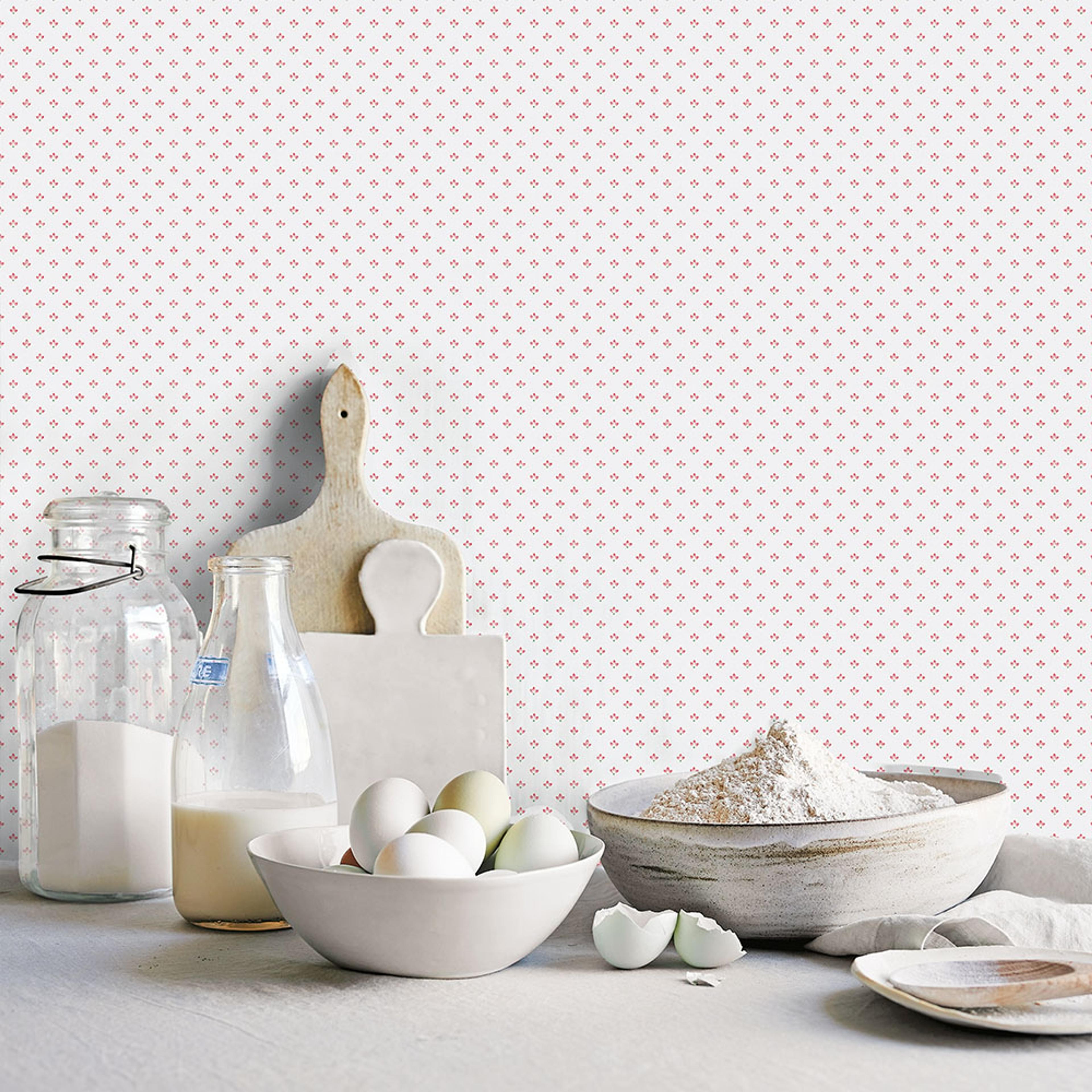 Tri Leaf tapet i vit och röd. Från kollektionen Just Kitchens. Nonwoven-material med rak passning.