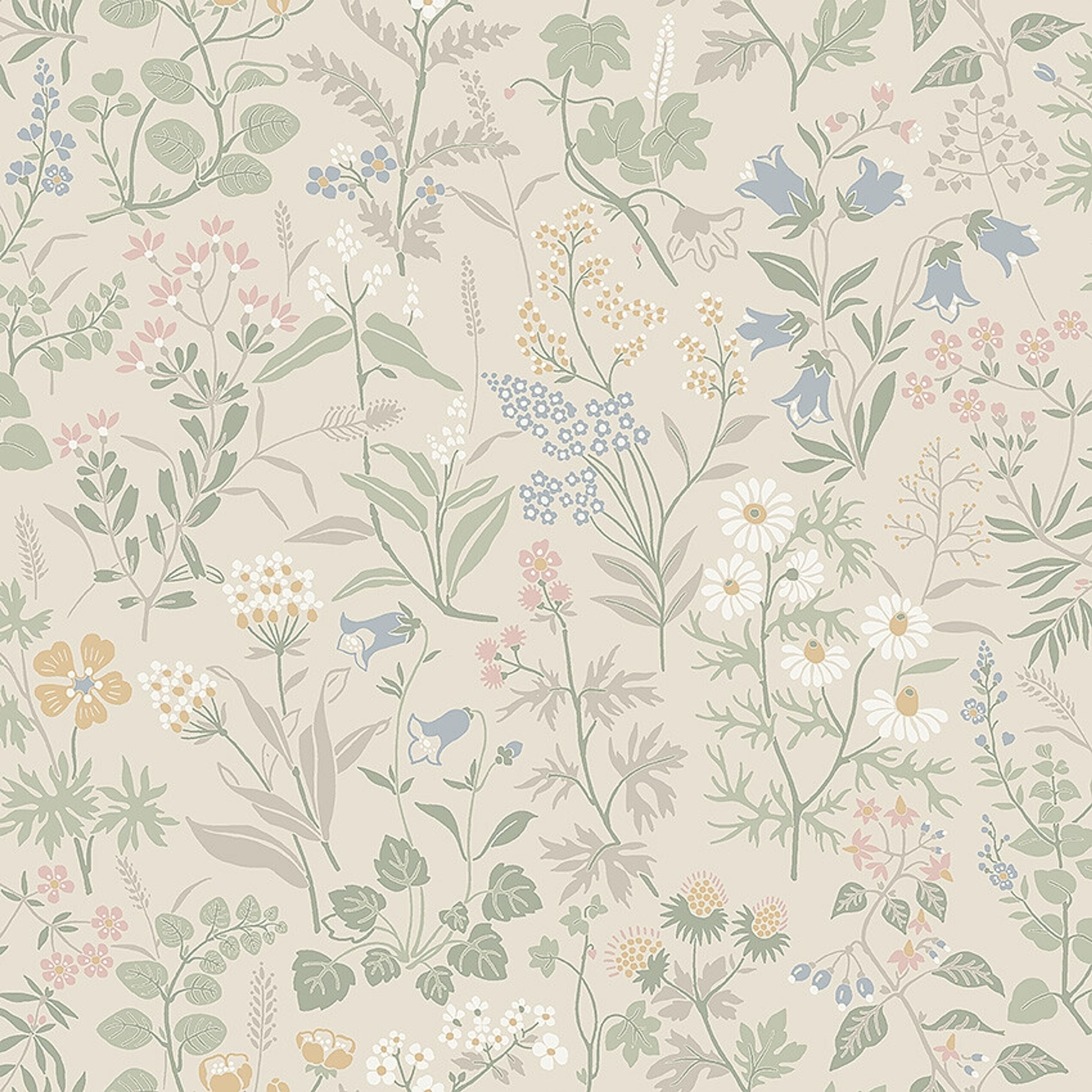 Flora tapet med blommigt mönster i beige. Från kollektionen Alla Tiders Hus. Nonwoven-material med förskjuten passning. Country-stil. Passar i vardagsrum, matsal och kök.