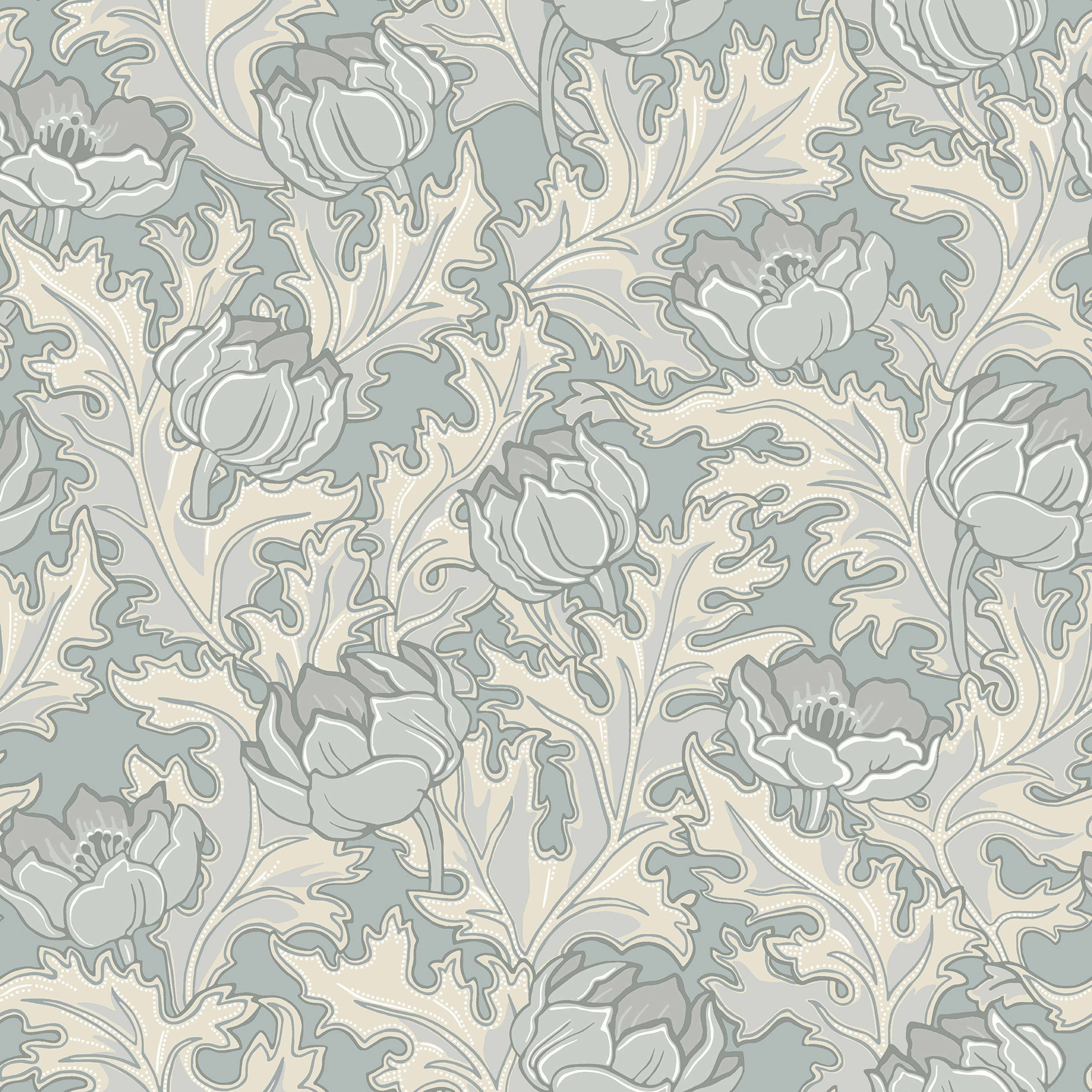 Sigrid Blå tapet med botaniskt mönster i blå. Från kollektionen Gammalsvenska klassiker 1850–1950. Nonwoven-material med rak passning.