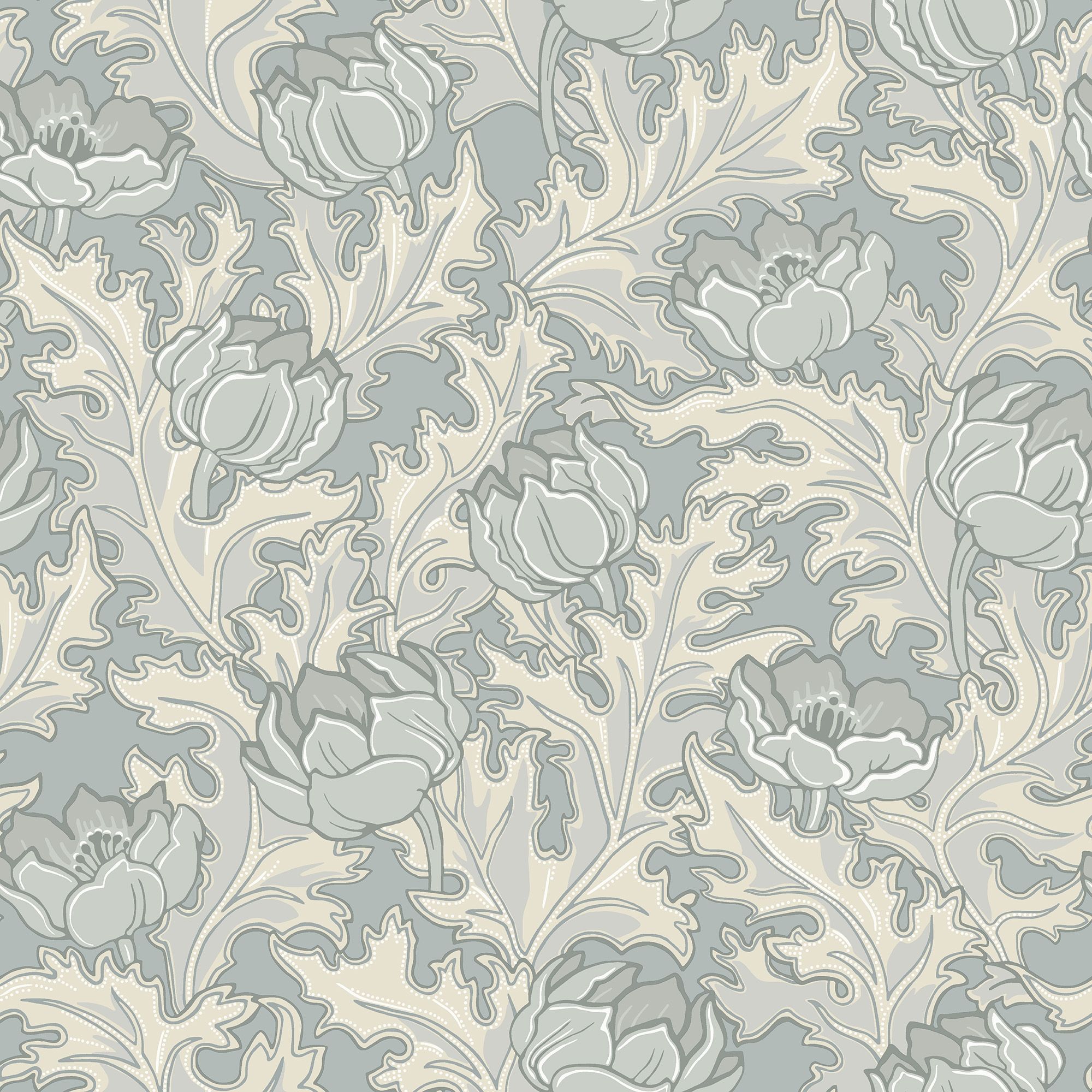 Sigrid Blå tapet med botaniskt mönster i blå. Från kollektionen Gammalsvenska klassiker 1850–1950. Nonwoven-material med rak passning.