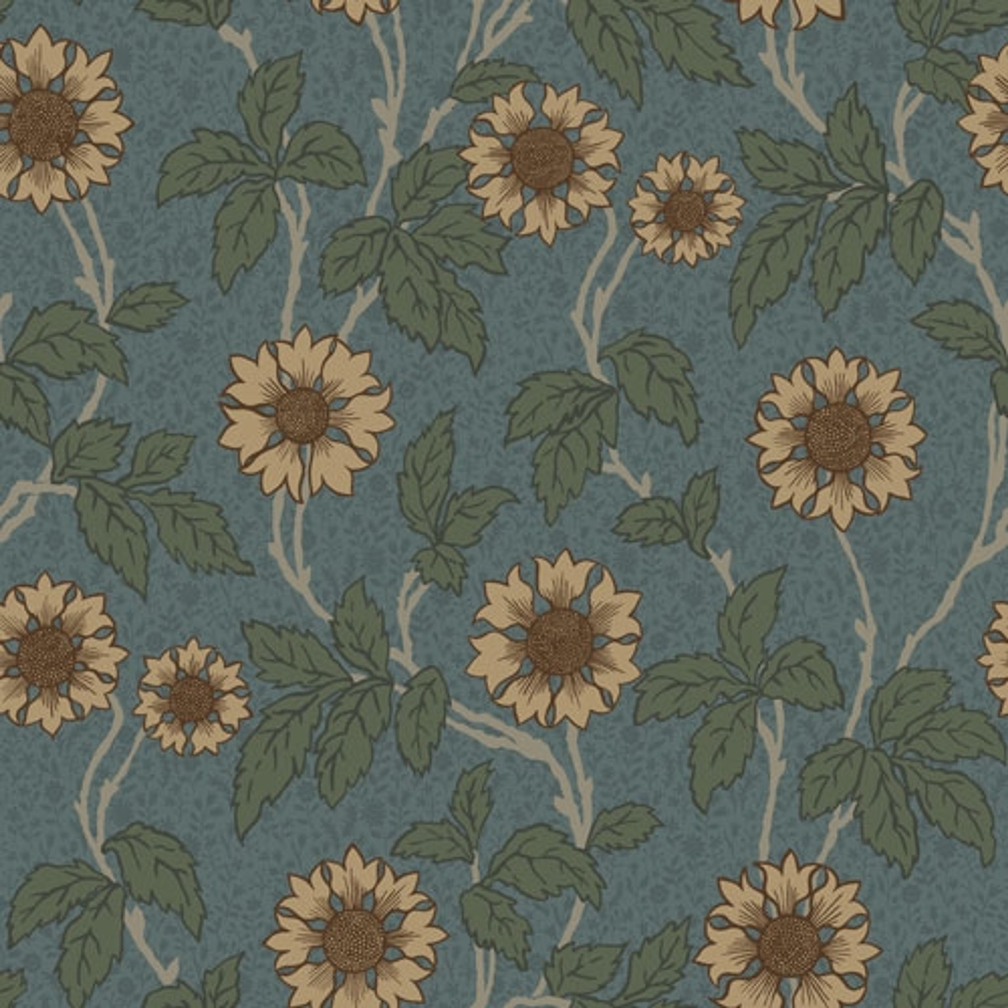Solvej storblommig, blå tapet från Midbec med blommigt mönster i blå. Från kollektionen Lyckebo. Nonwoven-material med rak passning.