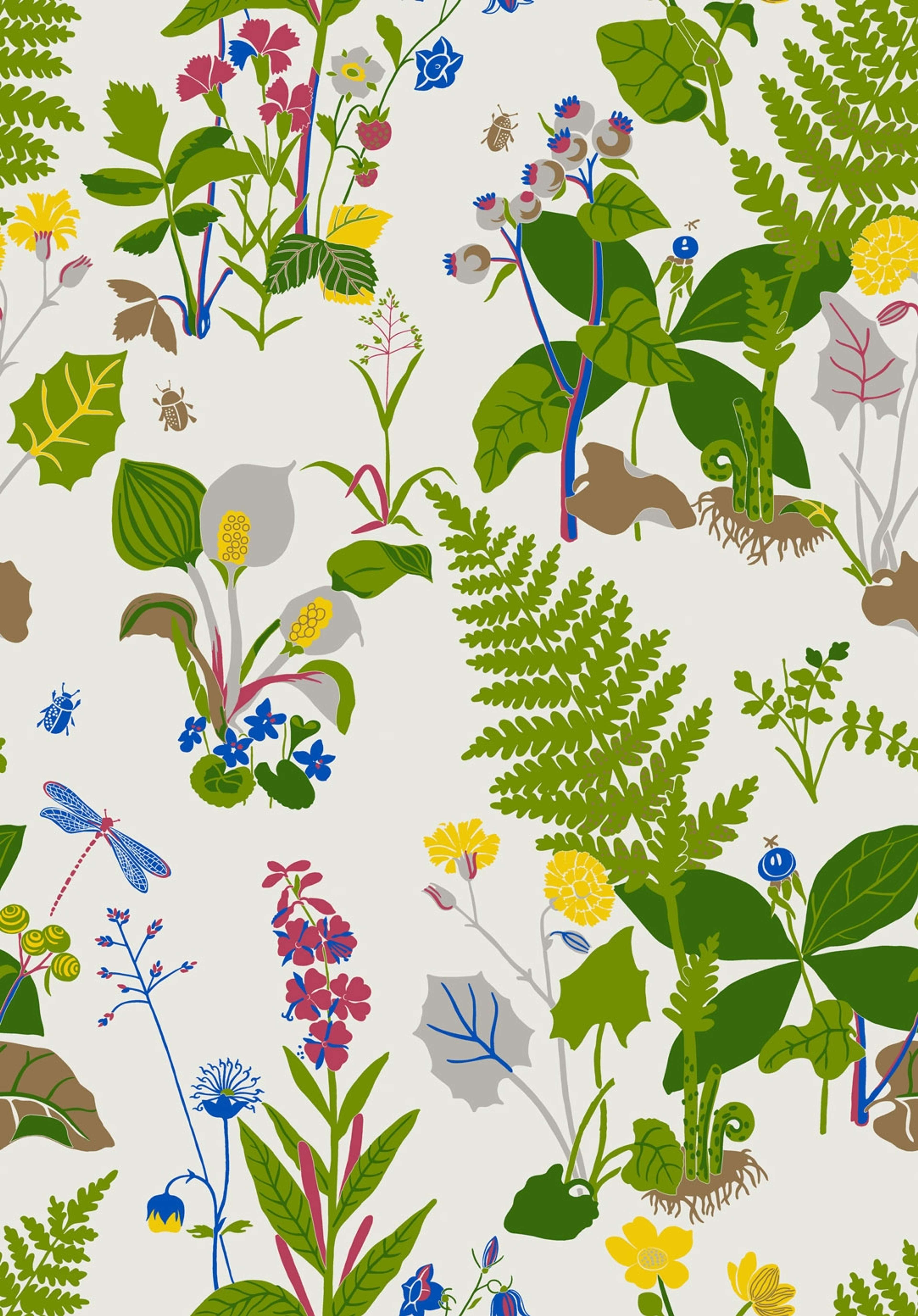 Trollslända tapet från Boråstapeter med botaniskt, retro mönster i vit och grön. Från kollektionen Scandinavian Designers II. Nonwoven-material med rak passning. Country-stil.
