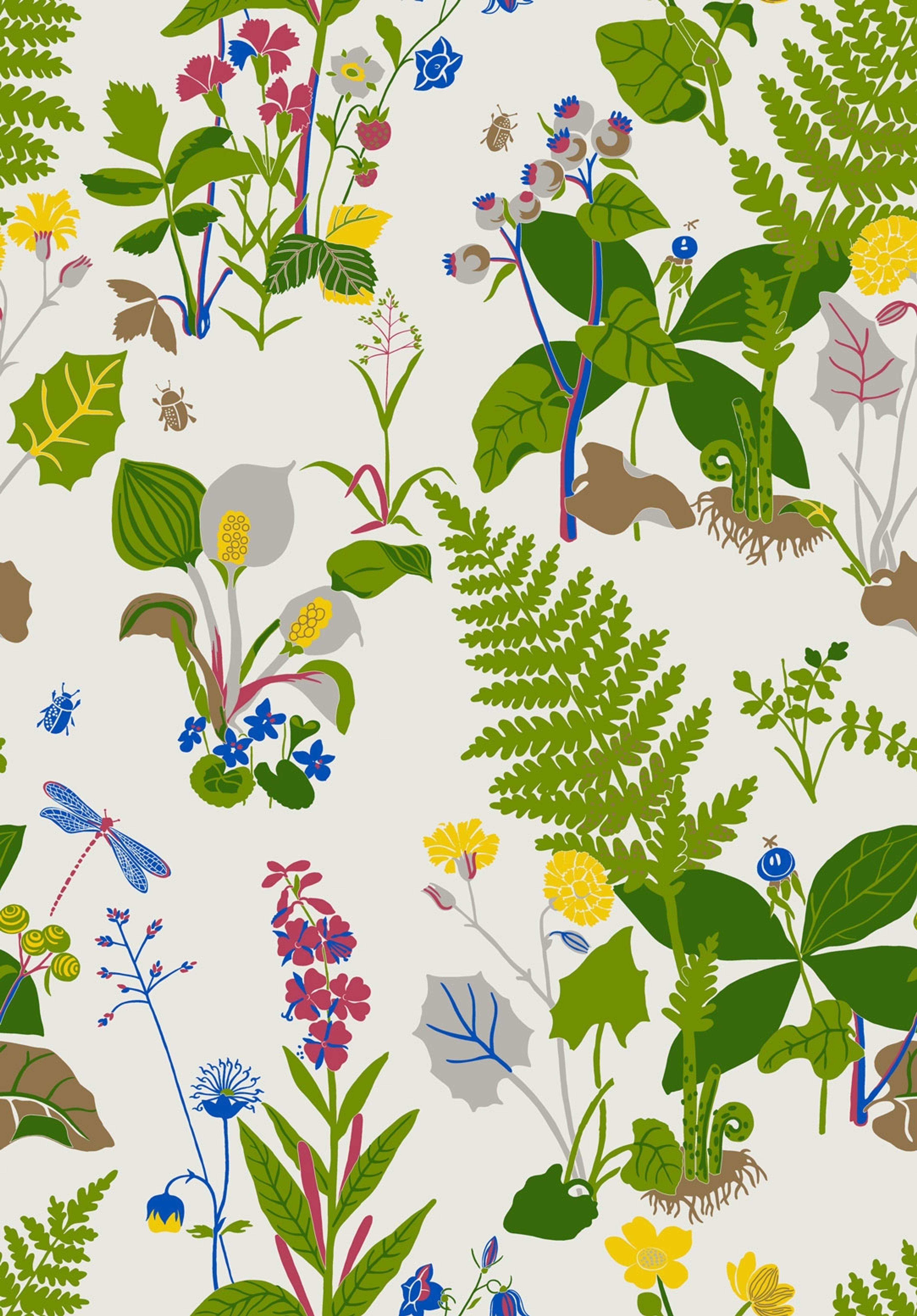 Trollslända tapet från Boråstapeter med botaniskt, retro mönster i vit och grön. Från kollektionen Scandinavian Designers II. Nonwoven-material med rak passning. Country-stil.