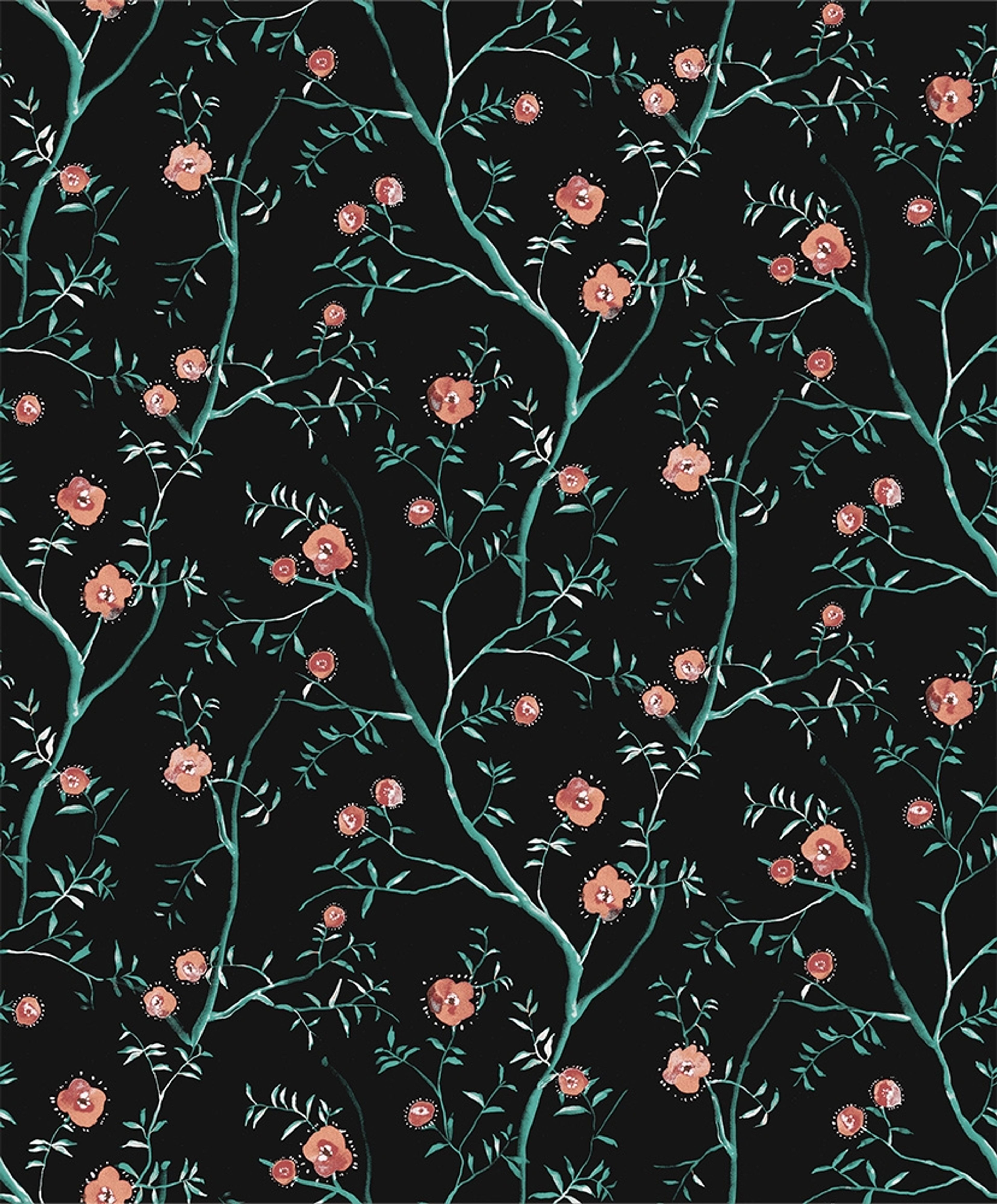Sari Teal tapet med blommigt mönster i svart. Från kollektionen Summer. Nonwoven-material med rak passning.