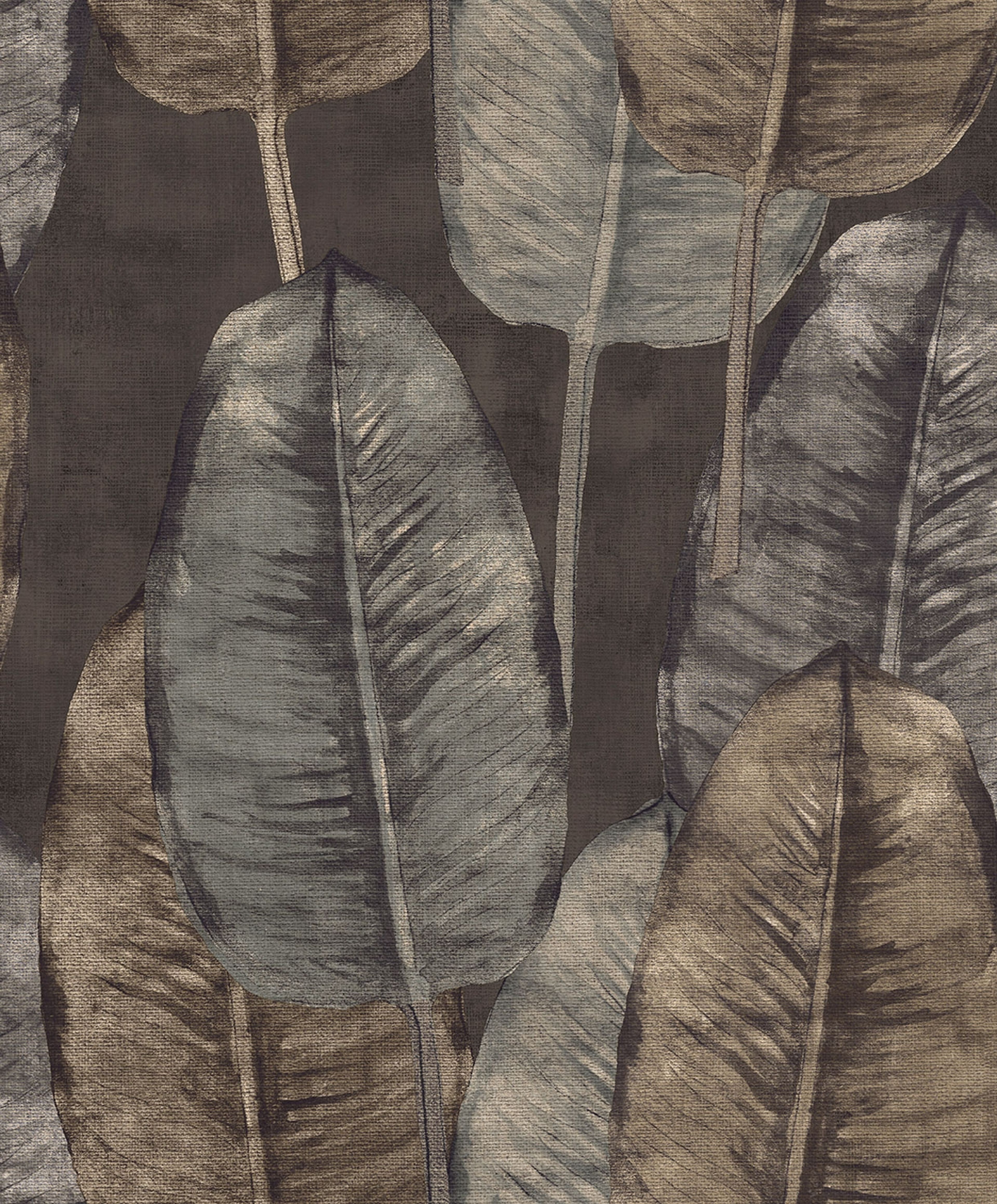 Rubber Tree tapet med botaniskt mönster i brun. Från kollektionen Tahiti. Nonwoven-material med förskjuten passning. Passar i vardagsrum, matsal och hall.