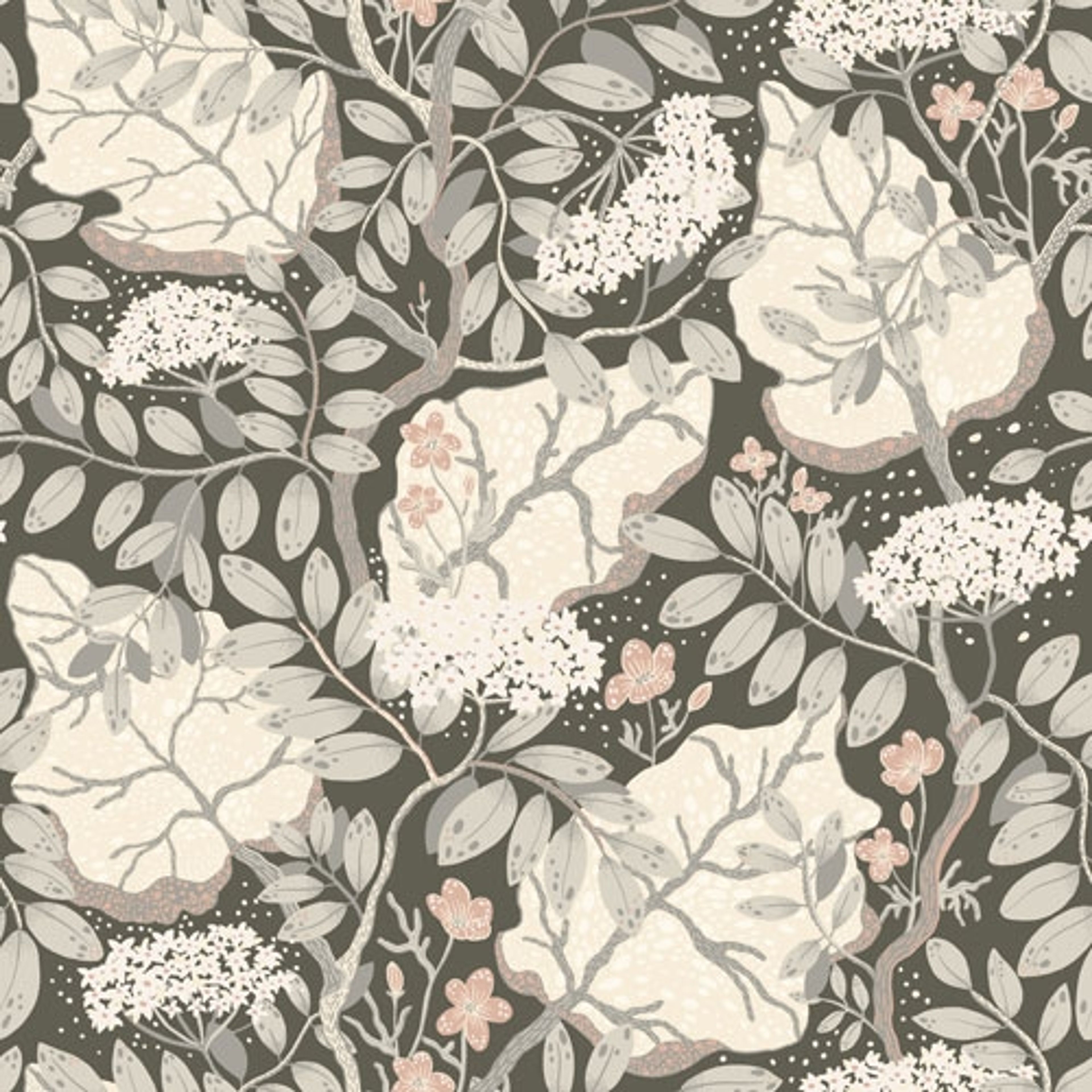 Ulla-Britt tapet med blommigt mönster i rosa och grå. Från kollektionen Lina. Nonwoven-material med rak passning.
