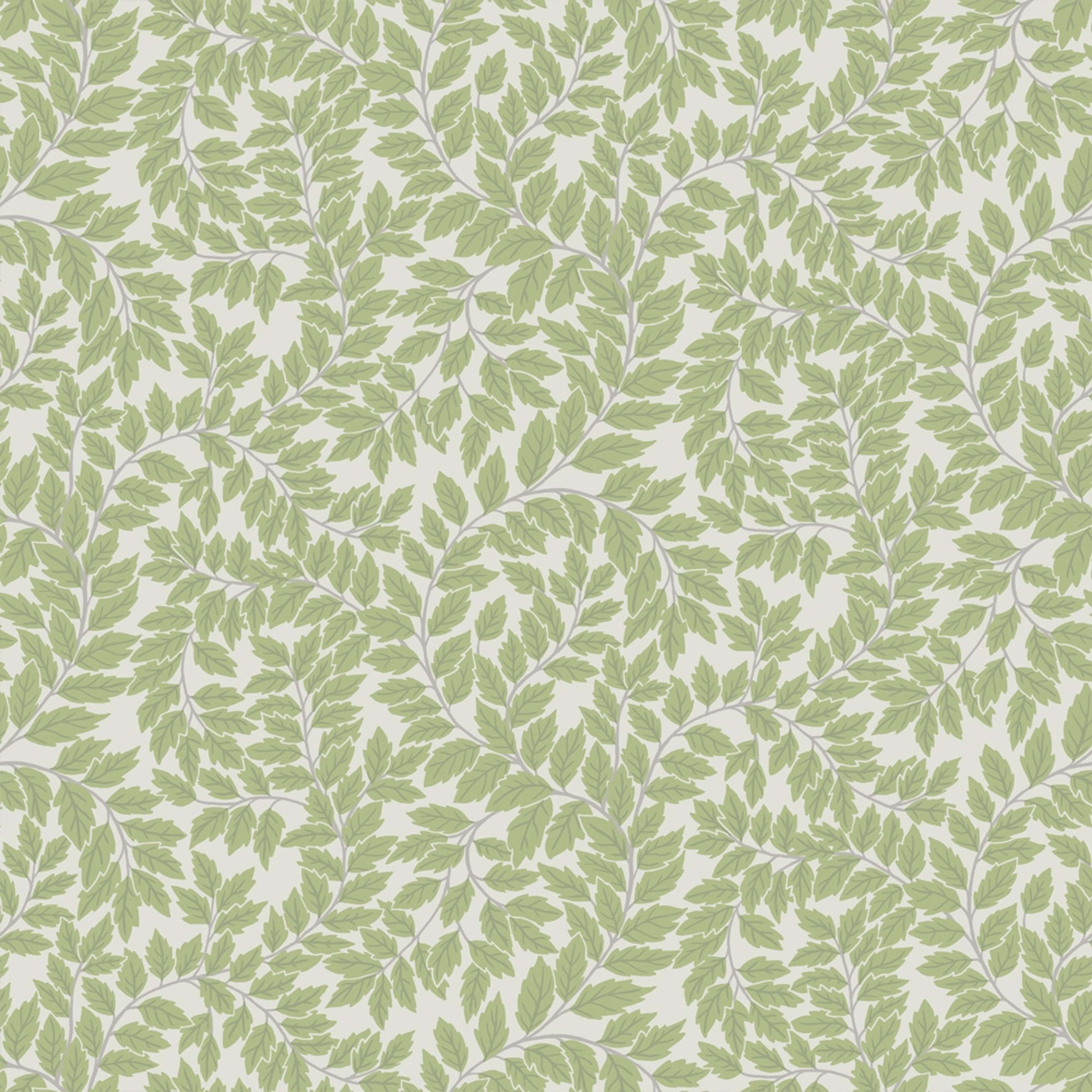 Lindlöv tapet med botaniskt mönster i grå. Från kollektionen Fågelsång. Nonwoven-material med rak passning.