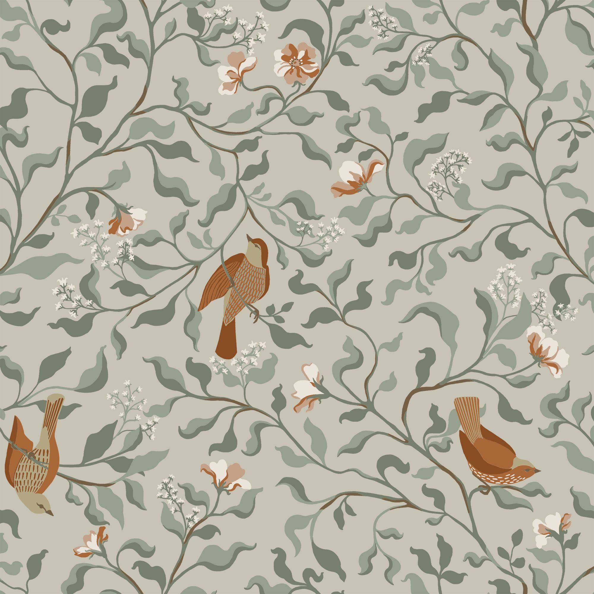 Josefin Beige tapet med botaniskt mönster i beige. Från kollektionen Flora. Nonwoven-material med förskjuten passning.