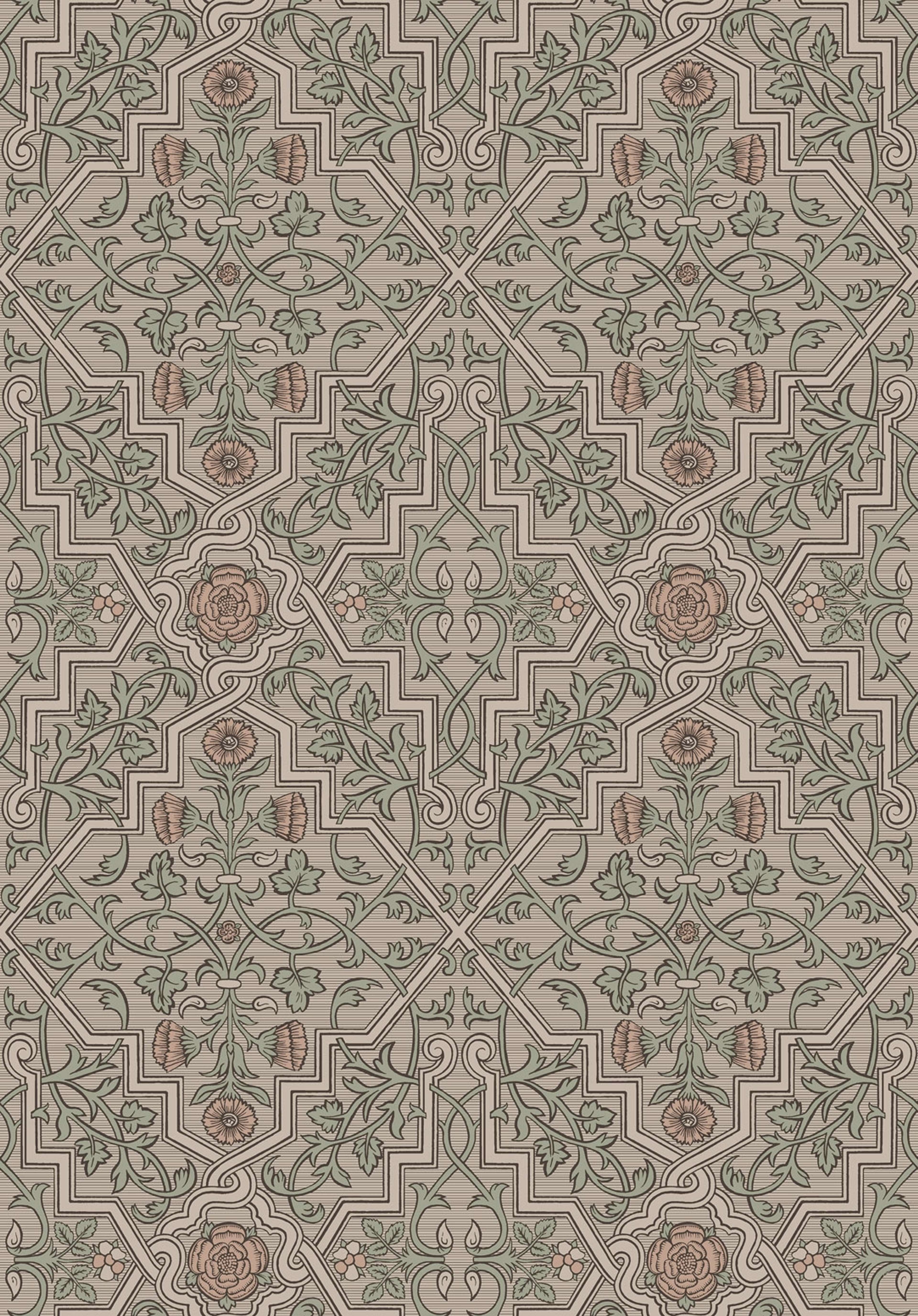 Rosenvinge, beige/grön tapet från Boråstapeter med medaljonger mönster i grön, brun och beige. Från kollektionen anno. Nonwoven-material med rak passning. Vintage-stil. Passar i sovrum och matsal.