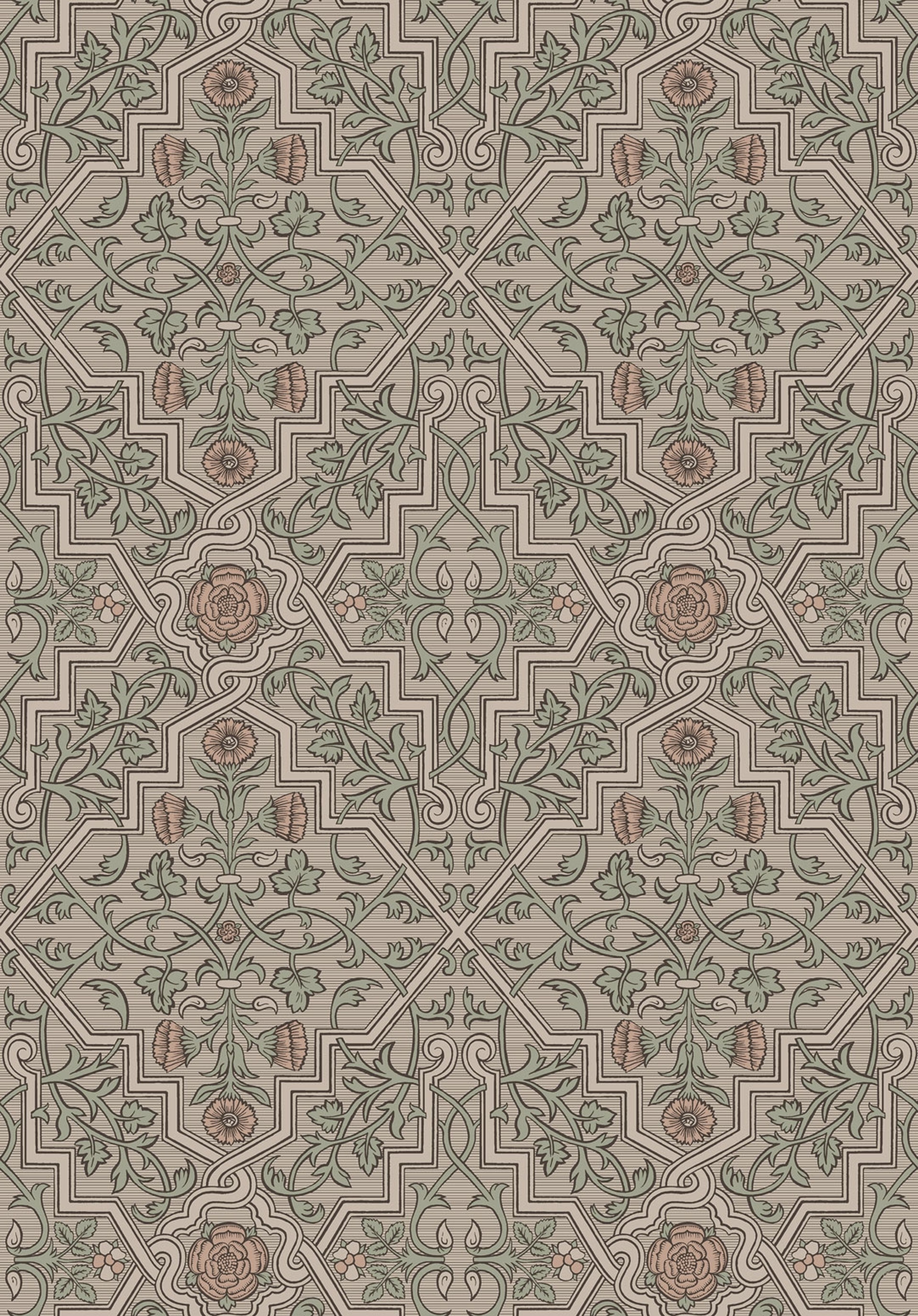 Rosenvinge, beige/grön tapet från Boråstapeter med medaljonger mönster i grön, brun och beige. Från kollektionen anno. Nonwoven-material med rak passning. Vintage-stil. Passar i sovrum och matsal.