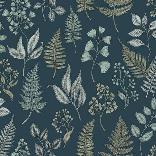 Betula tapet med botaniskt mönster i svart och grön. Från kollektionen skogsgläntan. Nonwoven-material med förskjuten passning. Country-stil. Passar i vardagsrum, sovrum och matsal.