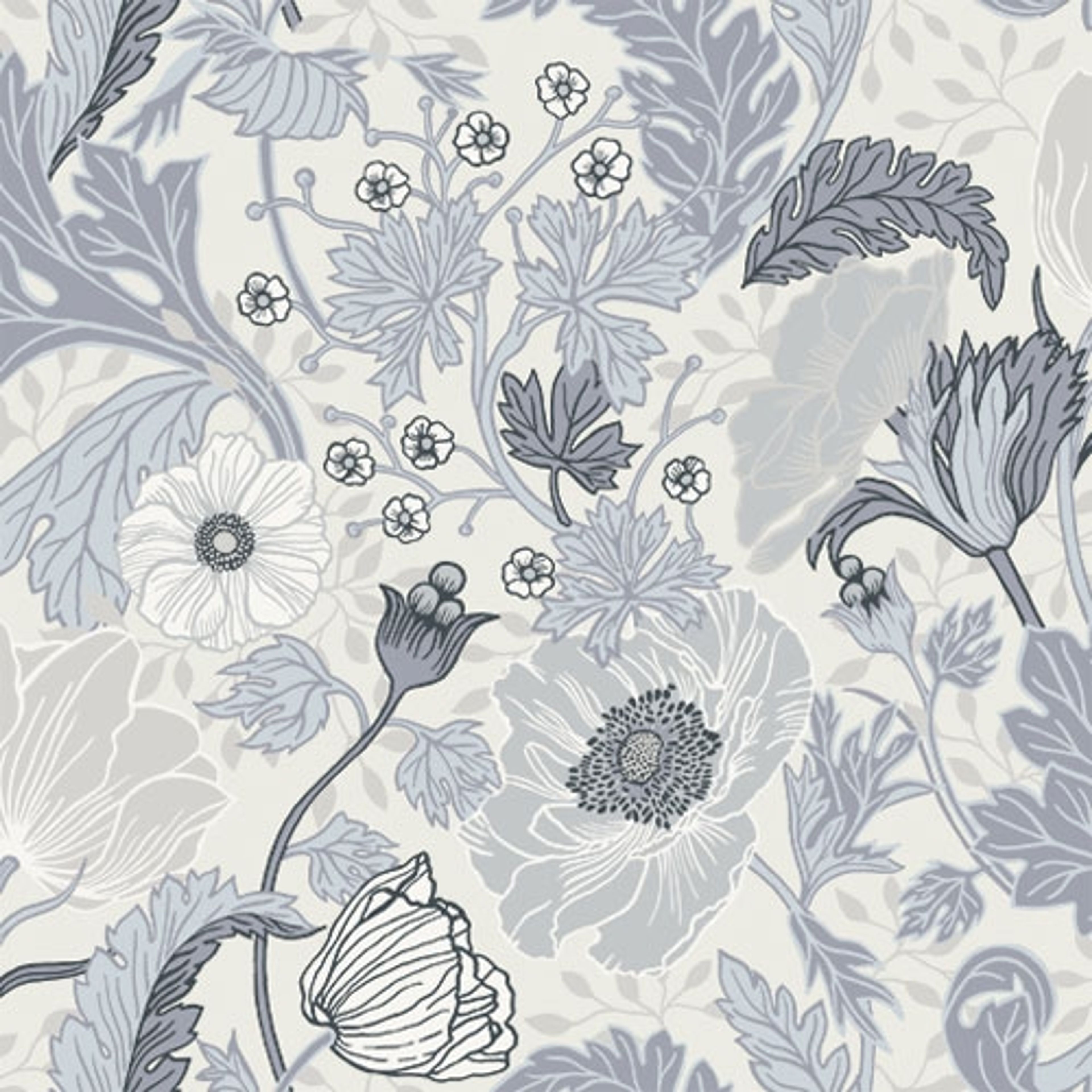 Anemone storblommig, beige/blå tapet med botaniskt, blommigt mönster i vit. Från kollektionen Grönhaga. Nonwoven-material med förskjuten passning. Country, city-stil. Passar i barnrum.
