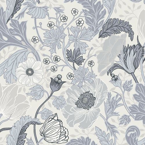Anemone storblommig, beige/blå tapet med botaniskt, blommigt mönster i vit. Från kollektionen Grönhaga. Nonwoven-material med förskjuten passning. Country, city-stil. Passar i barnrum.