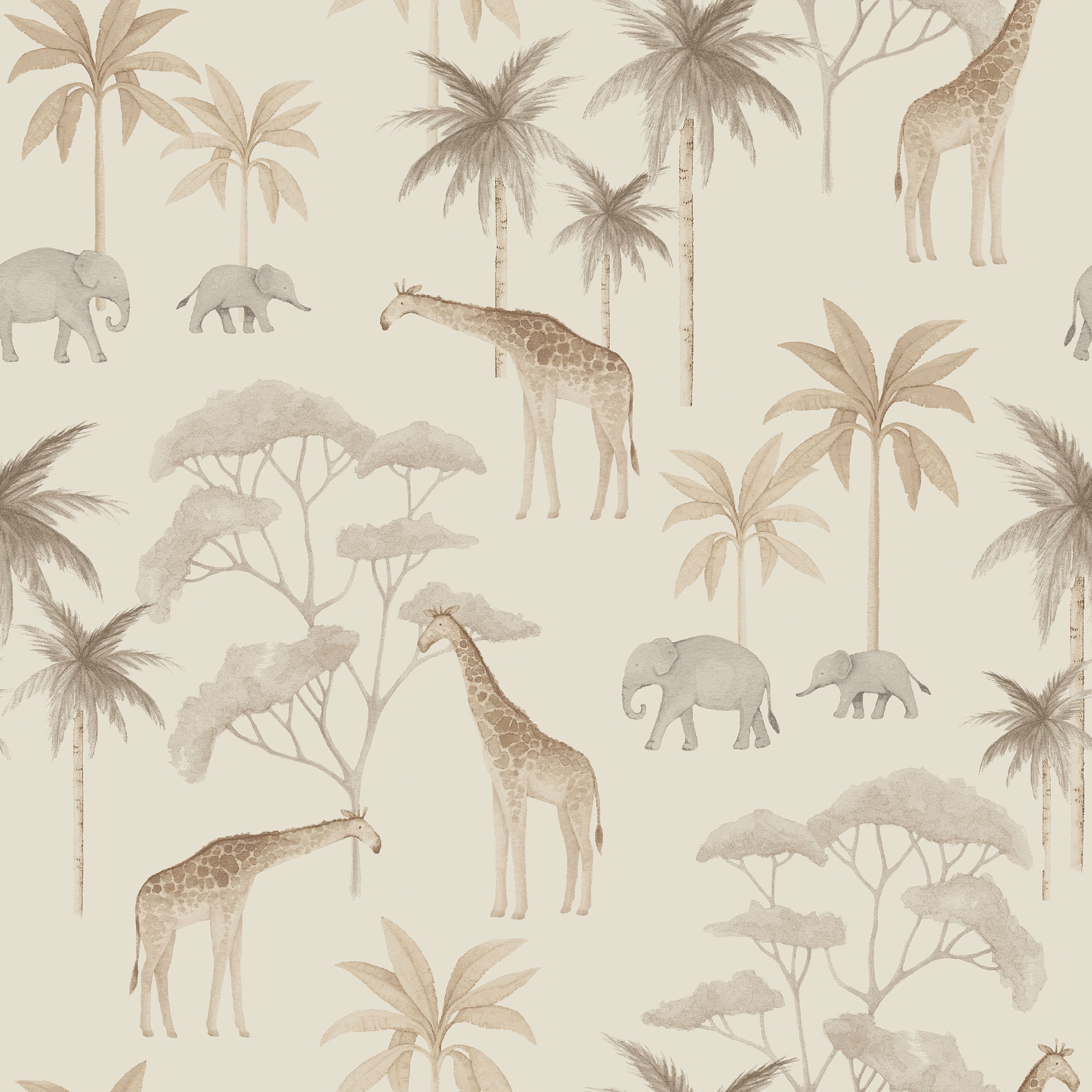 Savannah beige, tapet tapet med djur, barnrum, naturochlandskap mönster i beige. Från kollektionen Newbie II Wallpaper. Nonwoven-material med rak passning. Passar i barnrum.