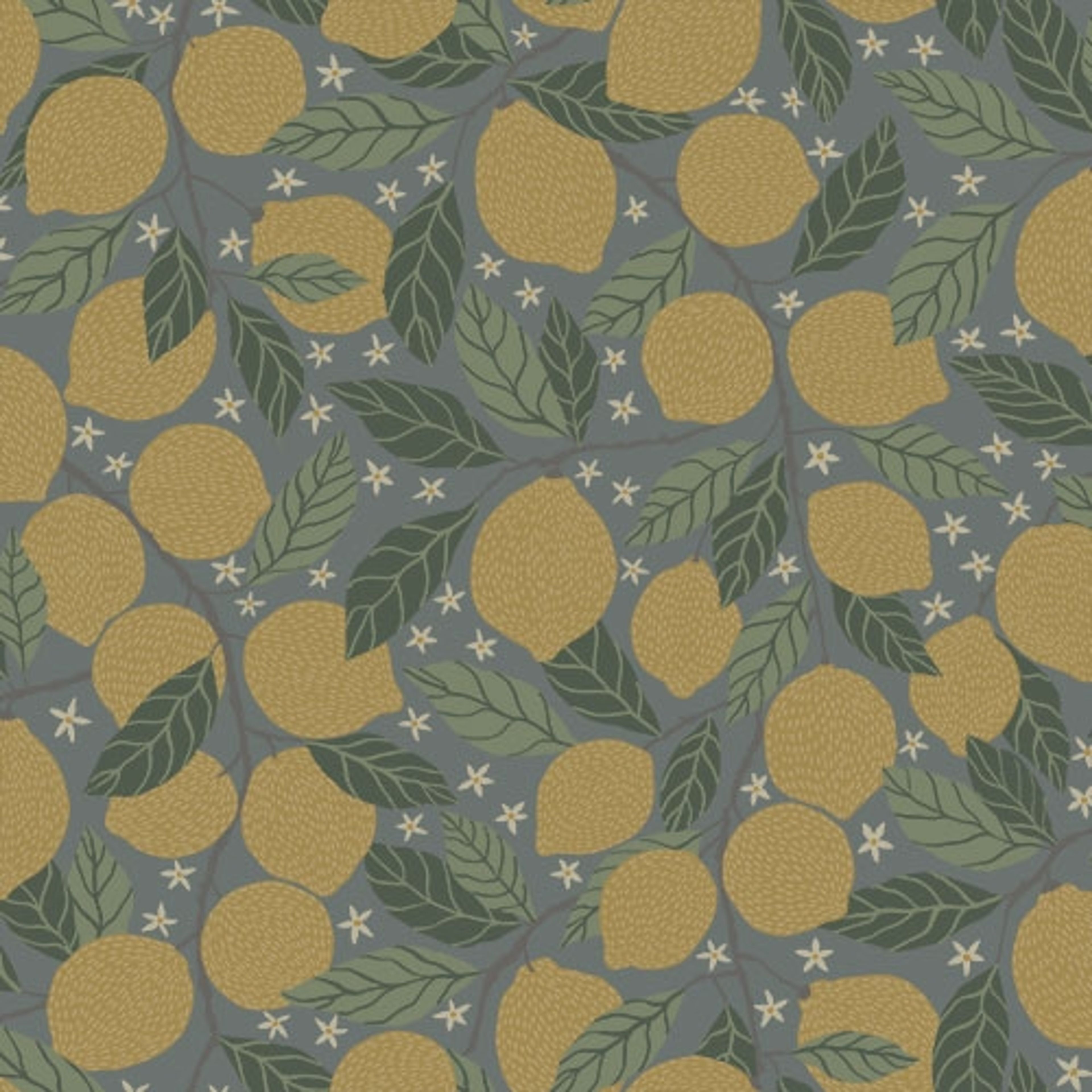 Lemona citroner, grå tapet med botaniskt mönster i grå. Från kollektionen Grönhaga. Nonwoven-material med förskjuten passning. Passar i barnrum.