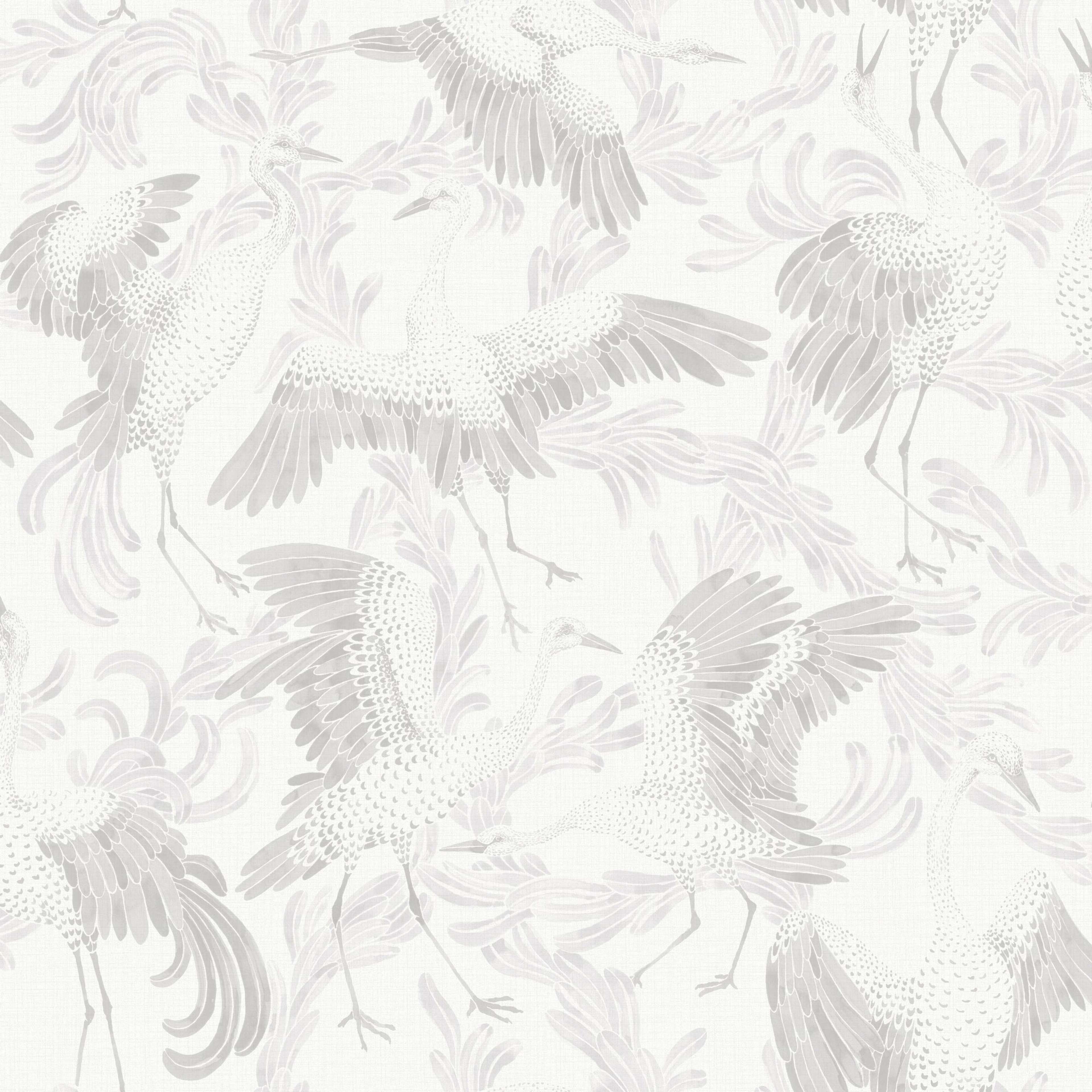 Dancing Crane, ljusgrå tapet från Boråstapeter med djur mönster i vit. Från kollektionen Eastern Simplicity. Nonwoven-material med förskjuten passning. Passar i vardagsrum, hall och arbetsrum.