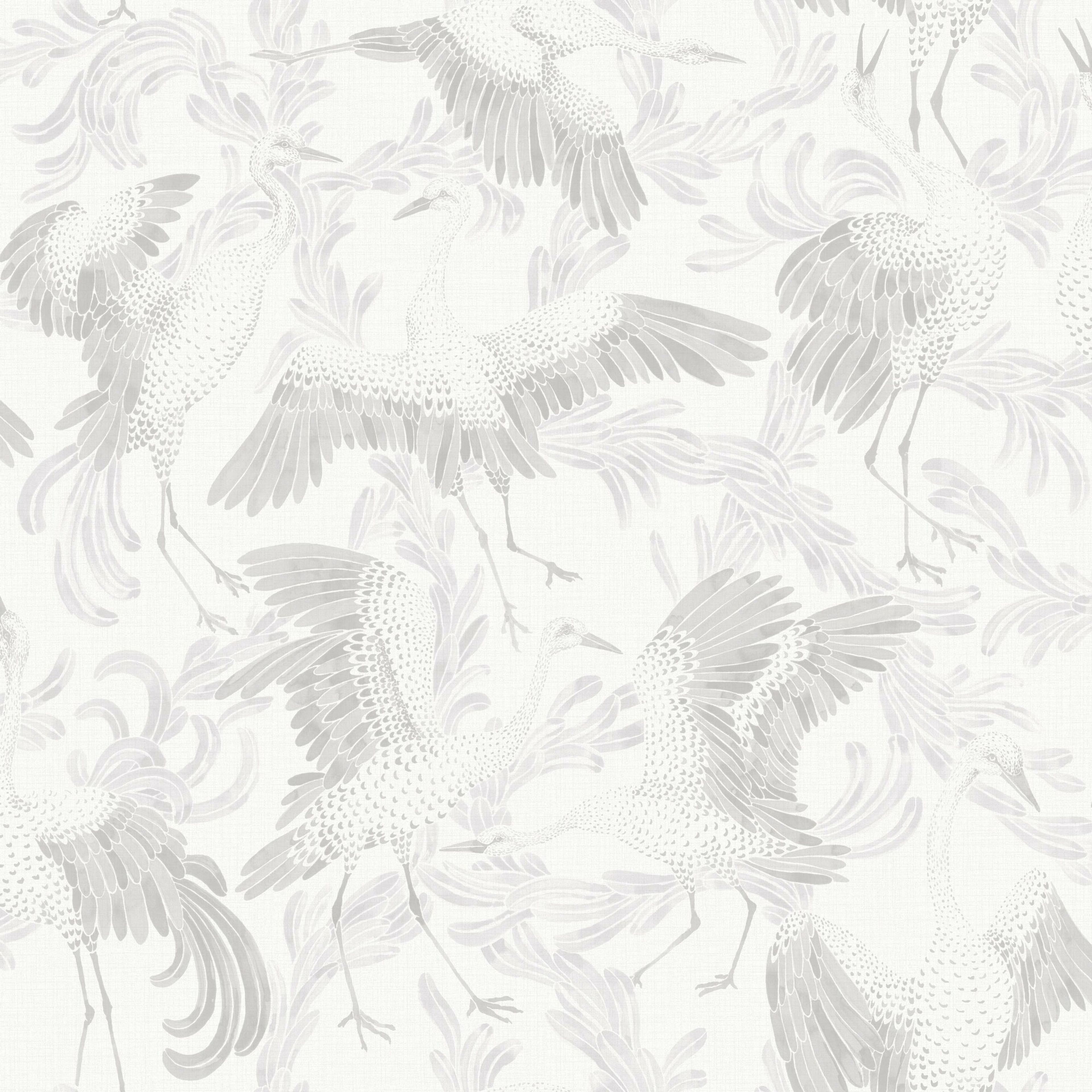 Dancing Crane, ljusgrå tapet från Boråstapeter med djur mönster i vit. Från kollektionen Eastern Simplicity. Nonwoven-material med förskjuten passning. Passar i vardagsrum, hall och arbetsrum.