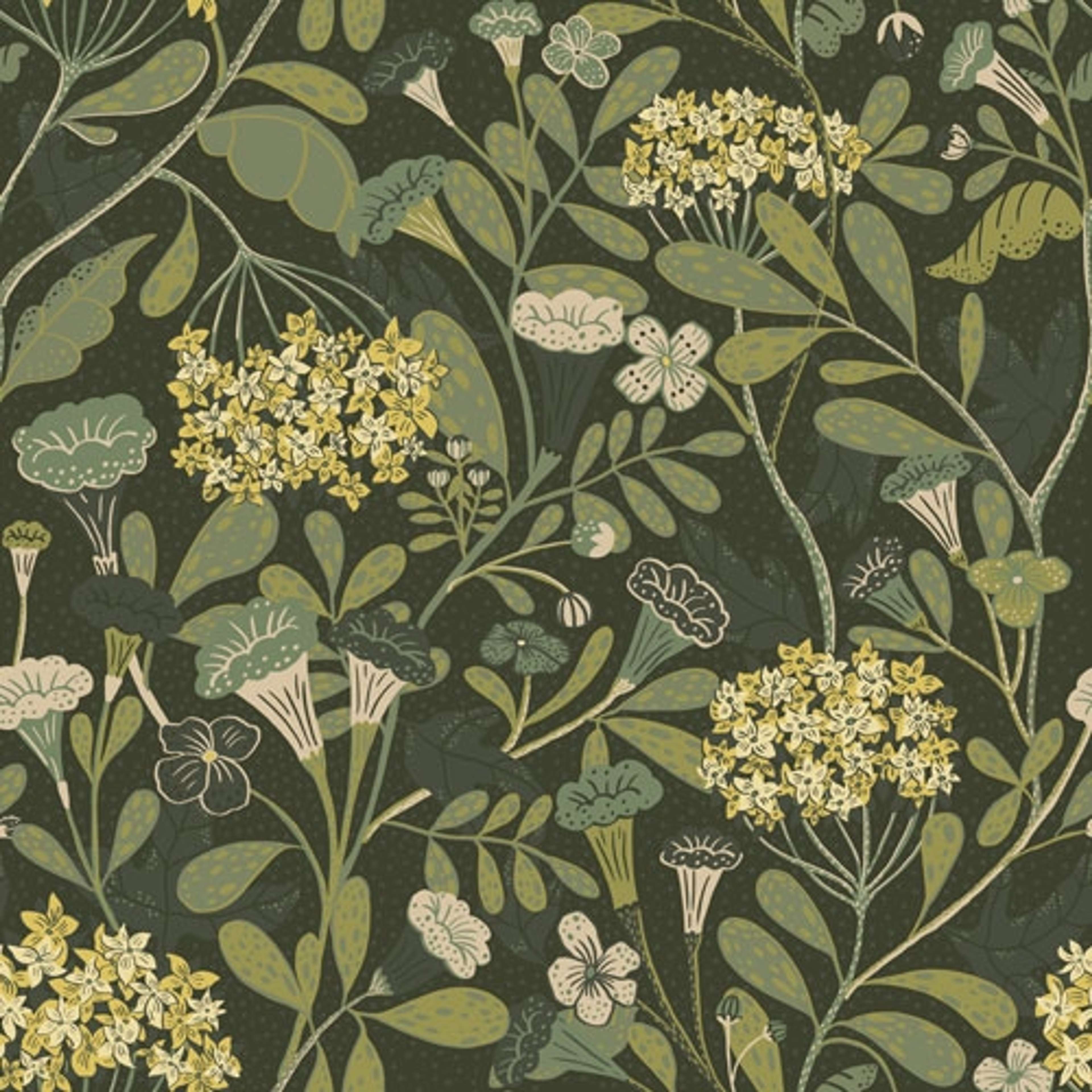 Hybbe tapet med blommigt mönster i grön. Från kollektionen Lina. Nonwoven-material med rak passning.