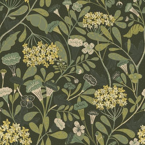 Hybbe tapet med blommigt mönster i grön. Från kollektionen Lina. Nonwoven-material med rak passning.