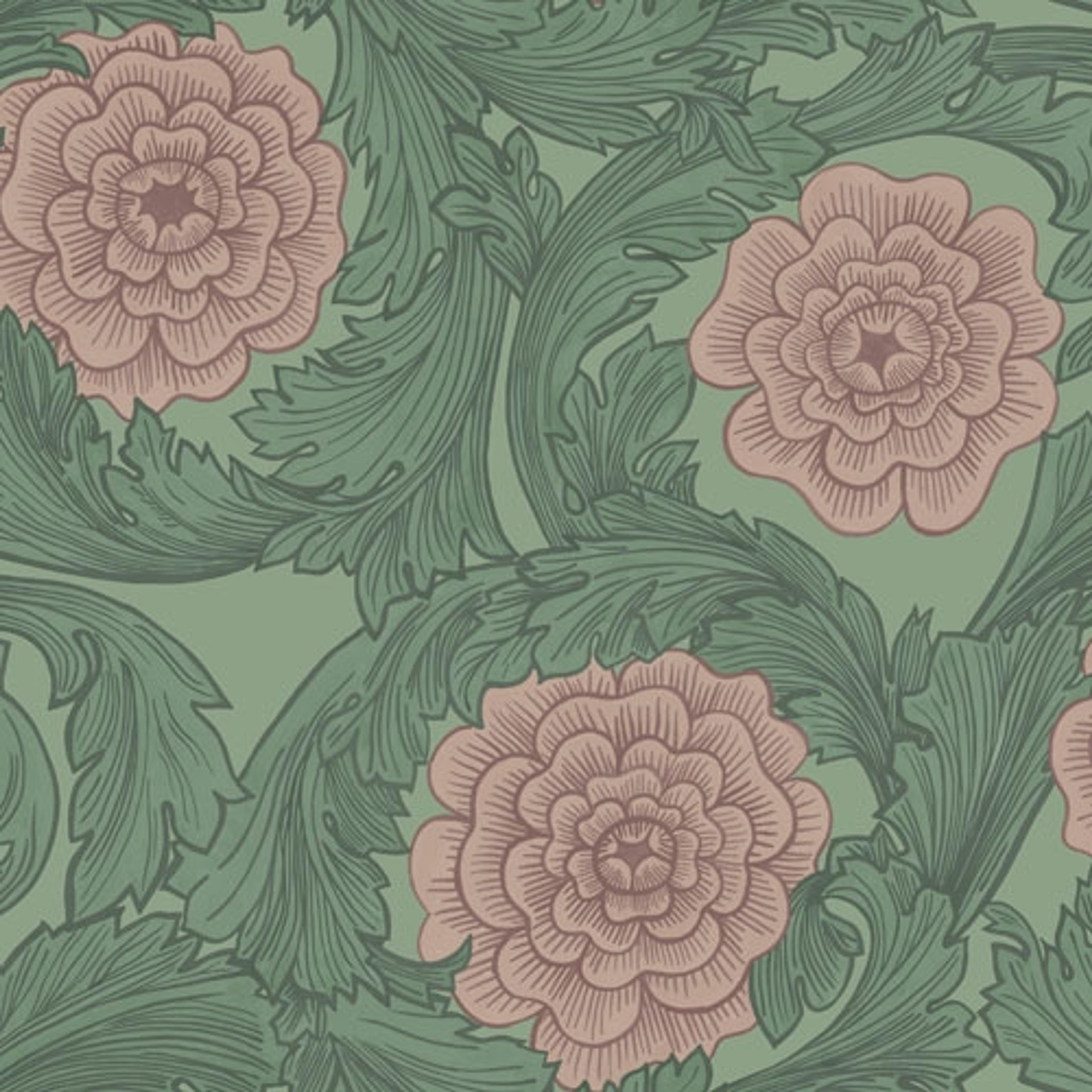 Rosa storblommig, grön tapet från Midbec med blommigt mönster i grön. Från kollektionen Blomstermåla. Nonwoven-material med förskjuten passning.