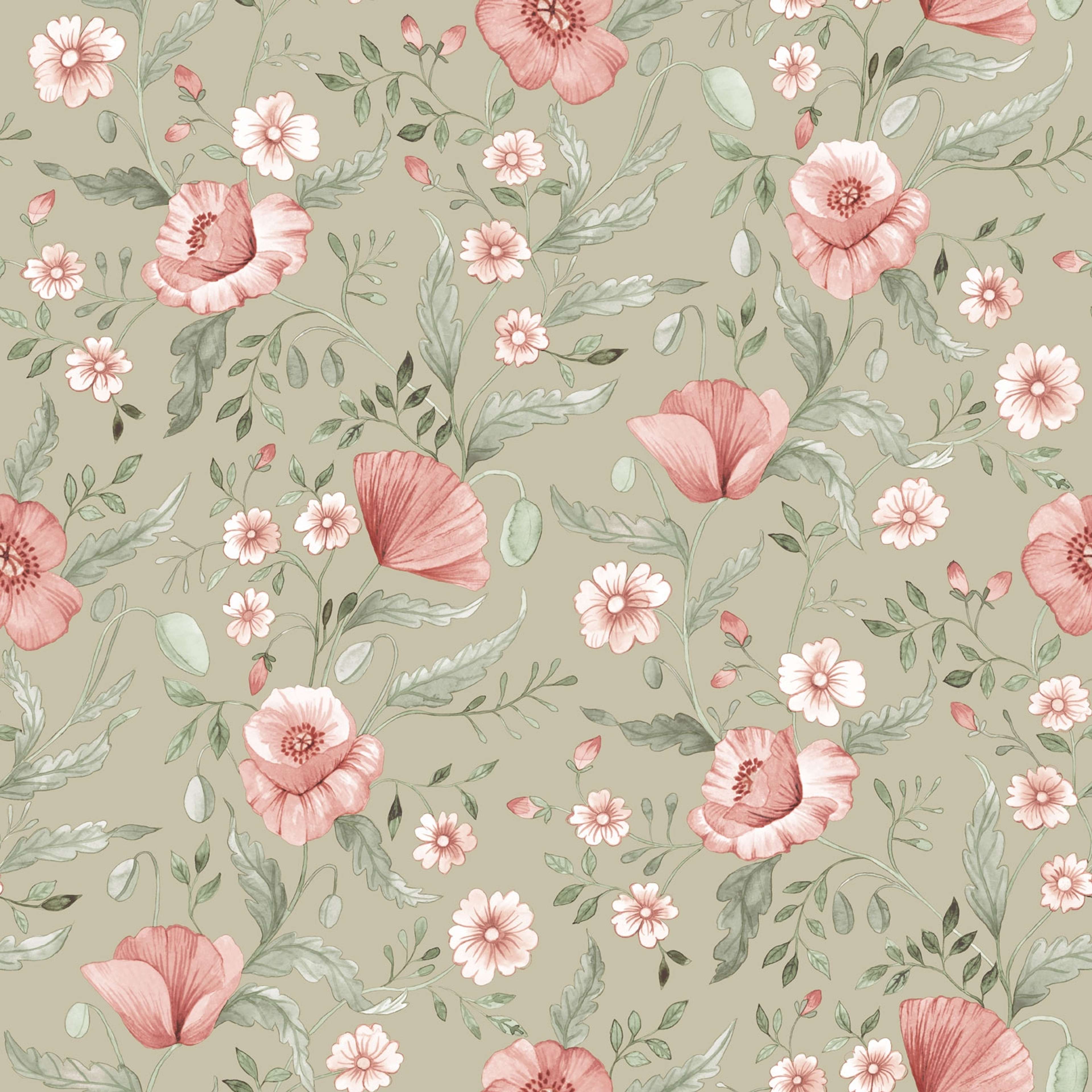 Trädgårdsblommor tapet med blommigt mönster i grön. Från kollektionen Rosenlycka. Nonwoven-material med rak passning. Passar i vardagsrum, sovrum och matsal.