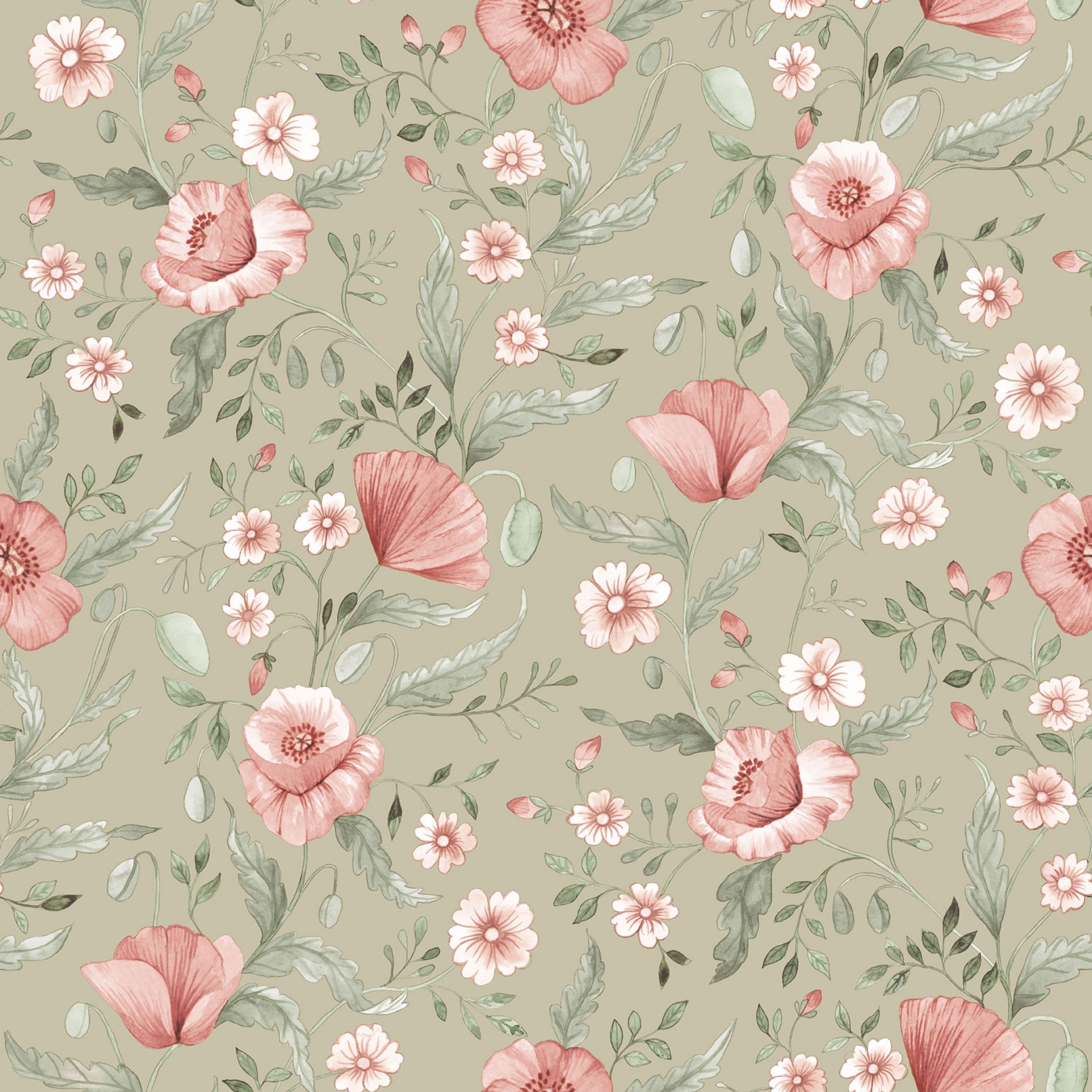 Trädgårdsblommor tapet med blommigt mönster i grön. Från kollektionen Rosenlycka. Nonwoven-material med rak passning. Passar i vardagsrum, sovrum och matsal.