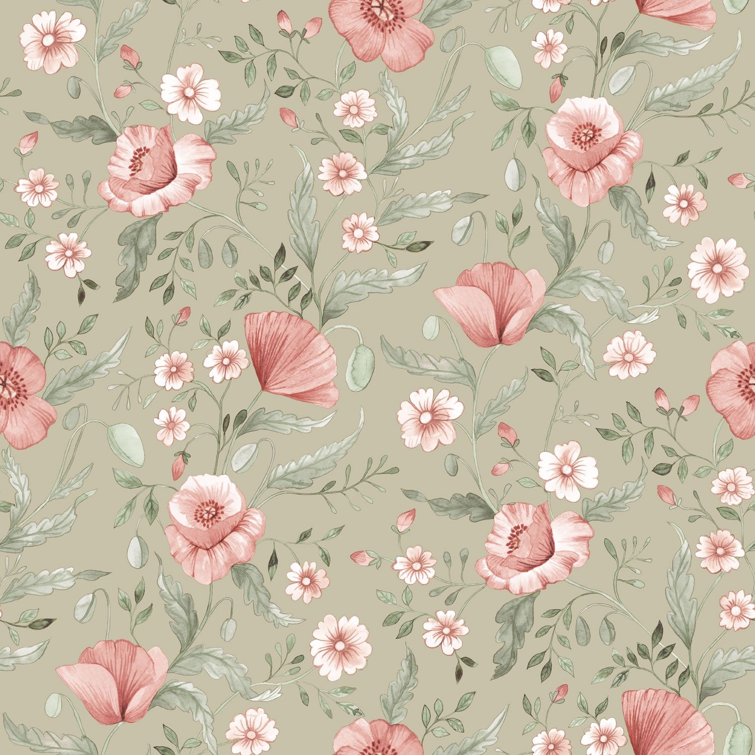 Trädgårdsblommor tapet med blommigt mönster i grön. Från kollektionen Rosenlycka. Nonwoven-material med rak passning. Passar i vardagsrum, sovrum och matsal.