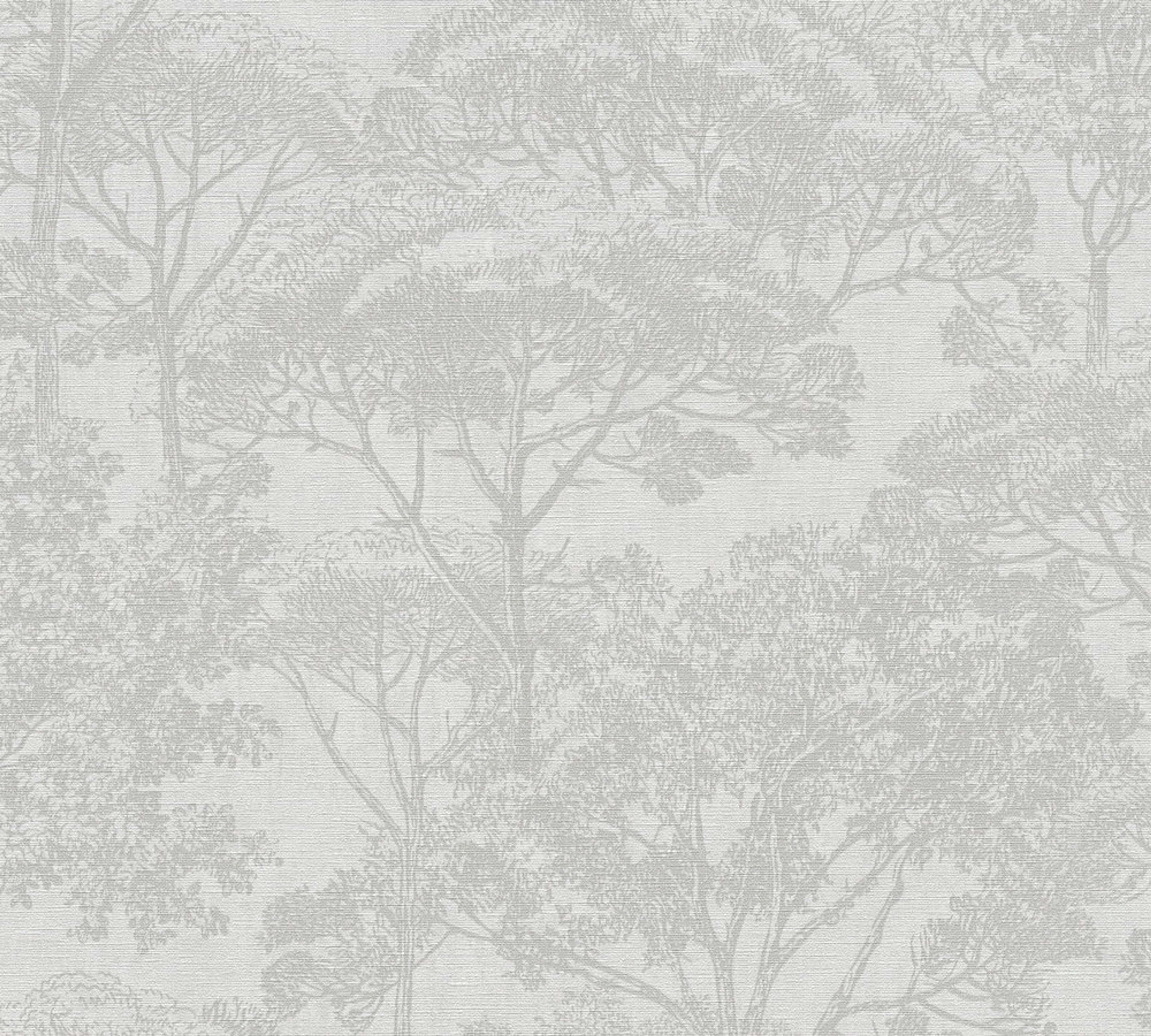 Aruba Trees tapet med botaniskt mönster i grå. Från kollektionen Aruba. Nonwoven-material med förskjuten passning. Passar i vardagsrum och matsal.