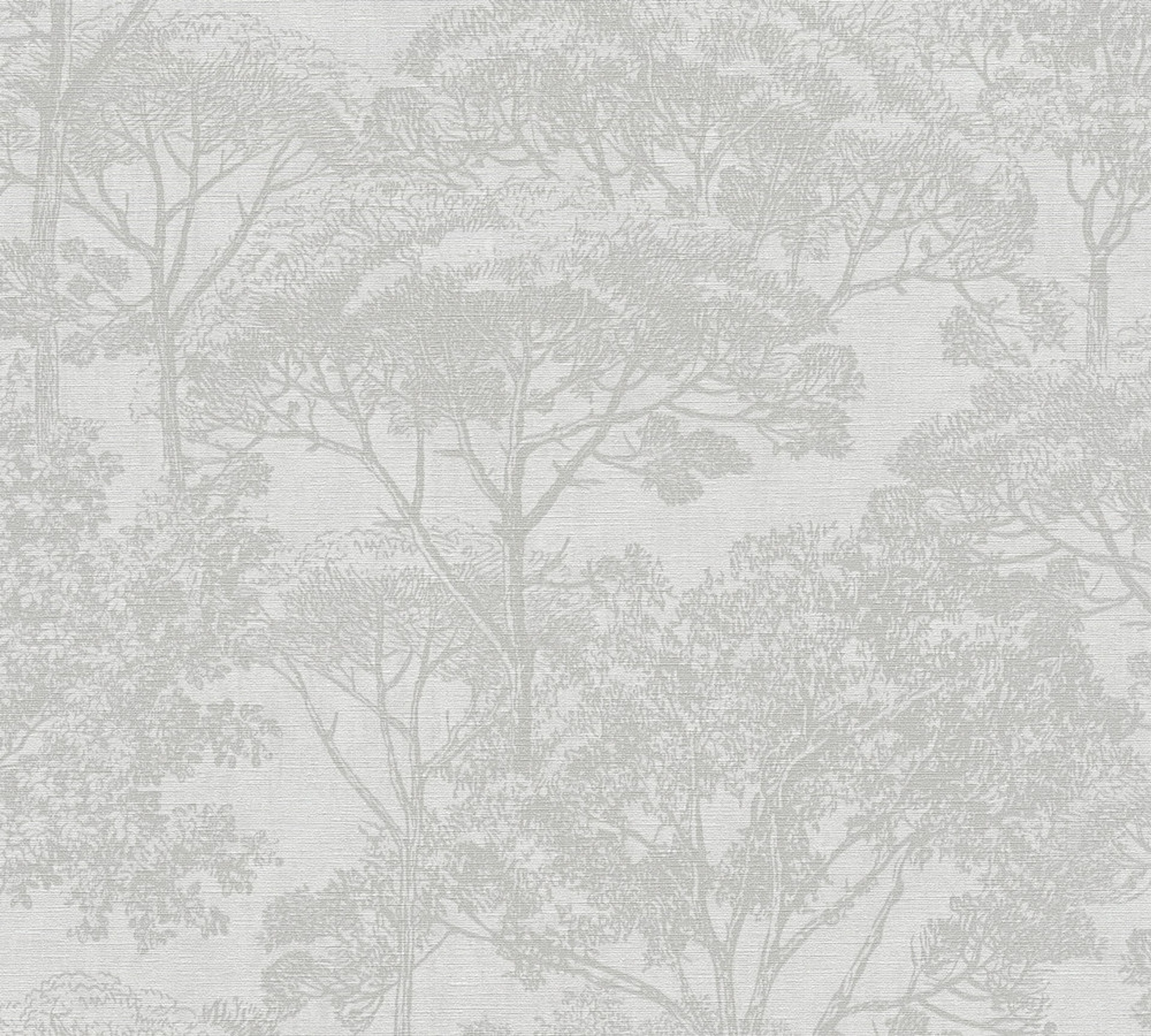 Aruba Trees tapet med botaniskt mönster i grå. Från kollektionen Aruba. Nonwoven-material med förskjuten passning. Passar i vardagsrum och matsal.