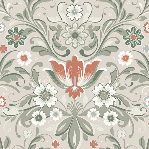 Sunnanö Östanskär, gråbeige tapet med blommigt mönster i beige. Från kollektionen Sunnanö. Nonwoven-material med förskjuten passning.