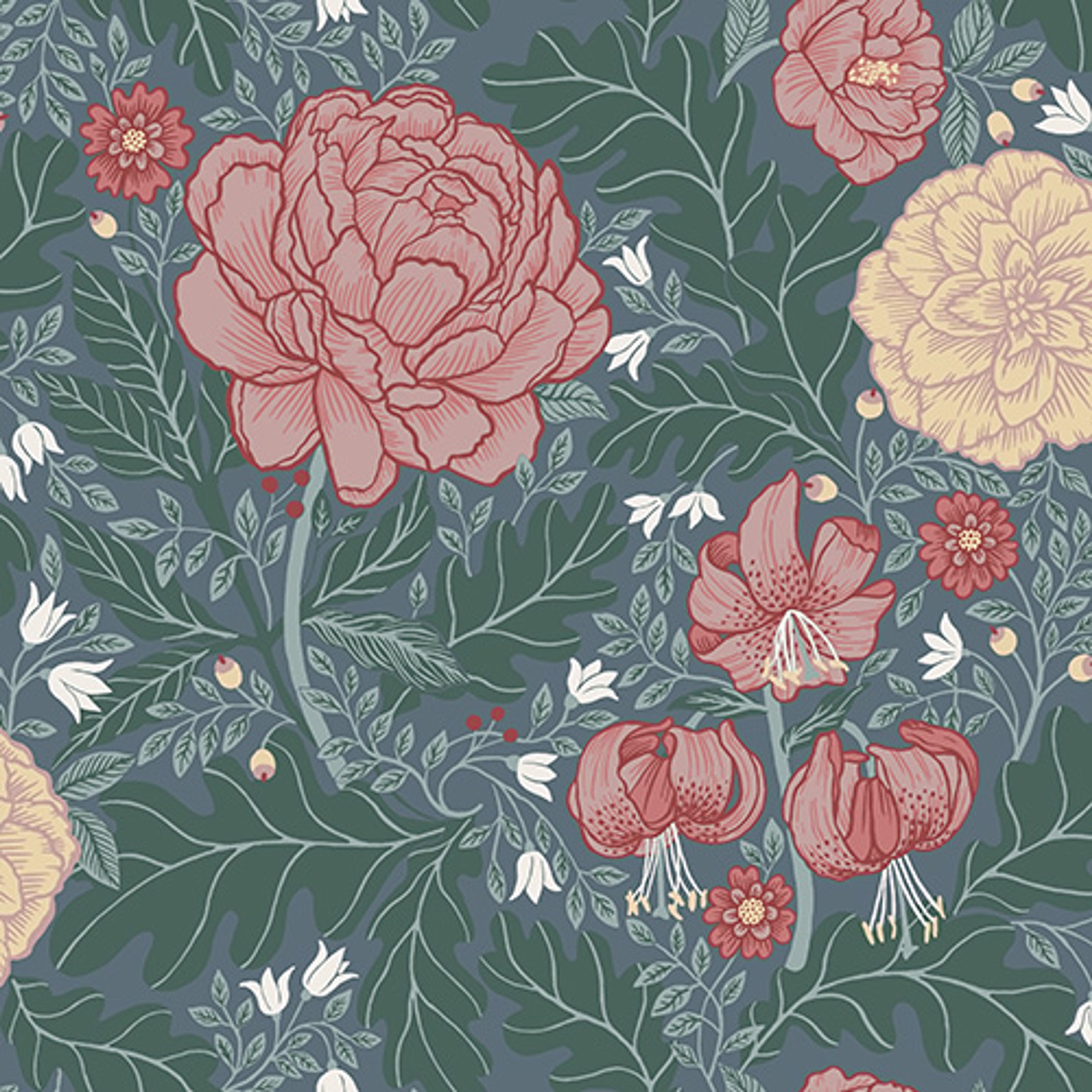 Camille storblommig, blå tapet från Midbec med blommigt mönster i blå. Från kollektionen Ekbacka. Nonwoven-material med förskjuten passning.