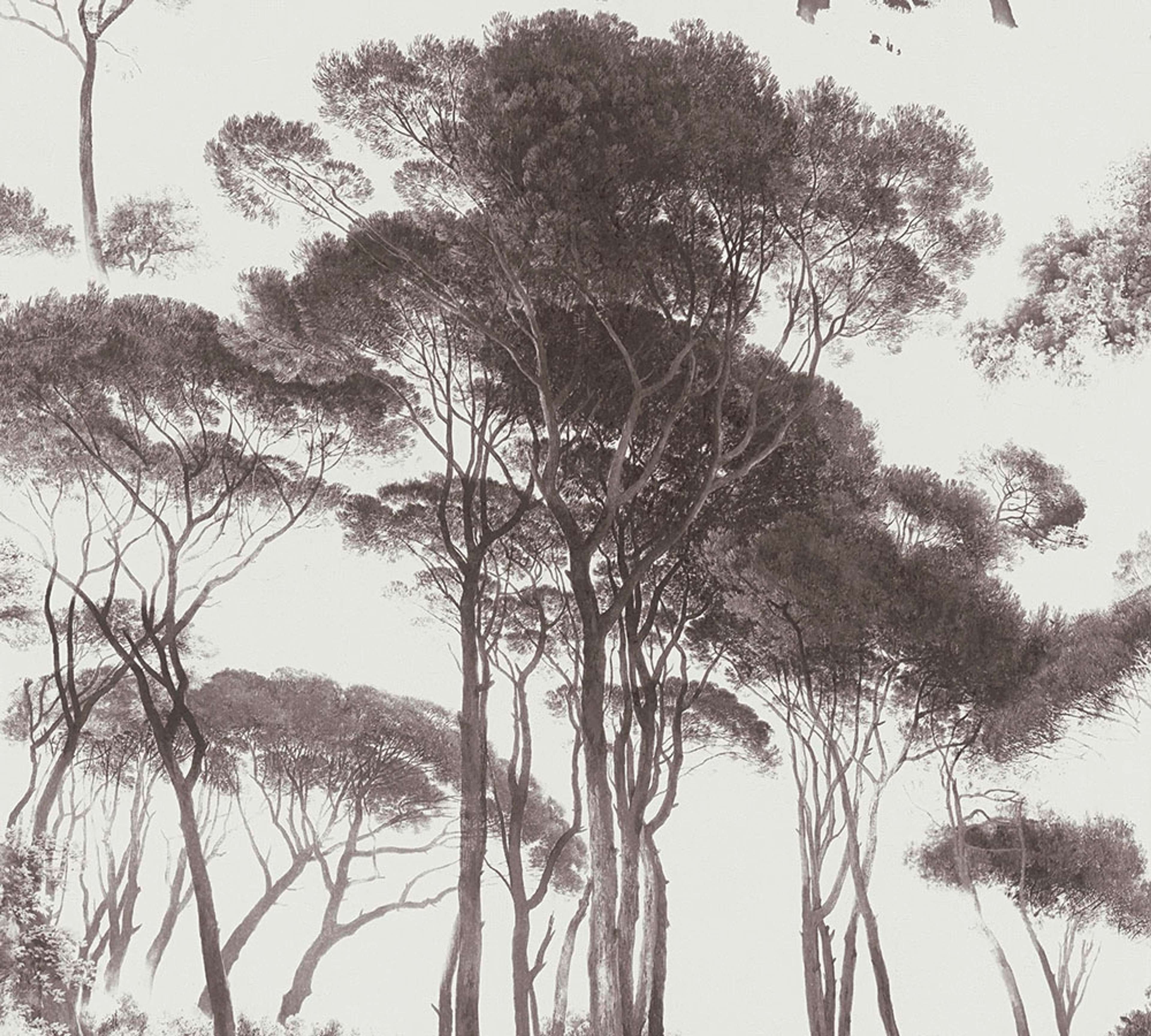 Treetops, strukturtapet i vit och grå tapet med djur mönster i vit. Från kollektionen history of art. Nonwoven-material med förskjuten passning. Passar i vardagsrum och matsal.