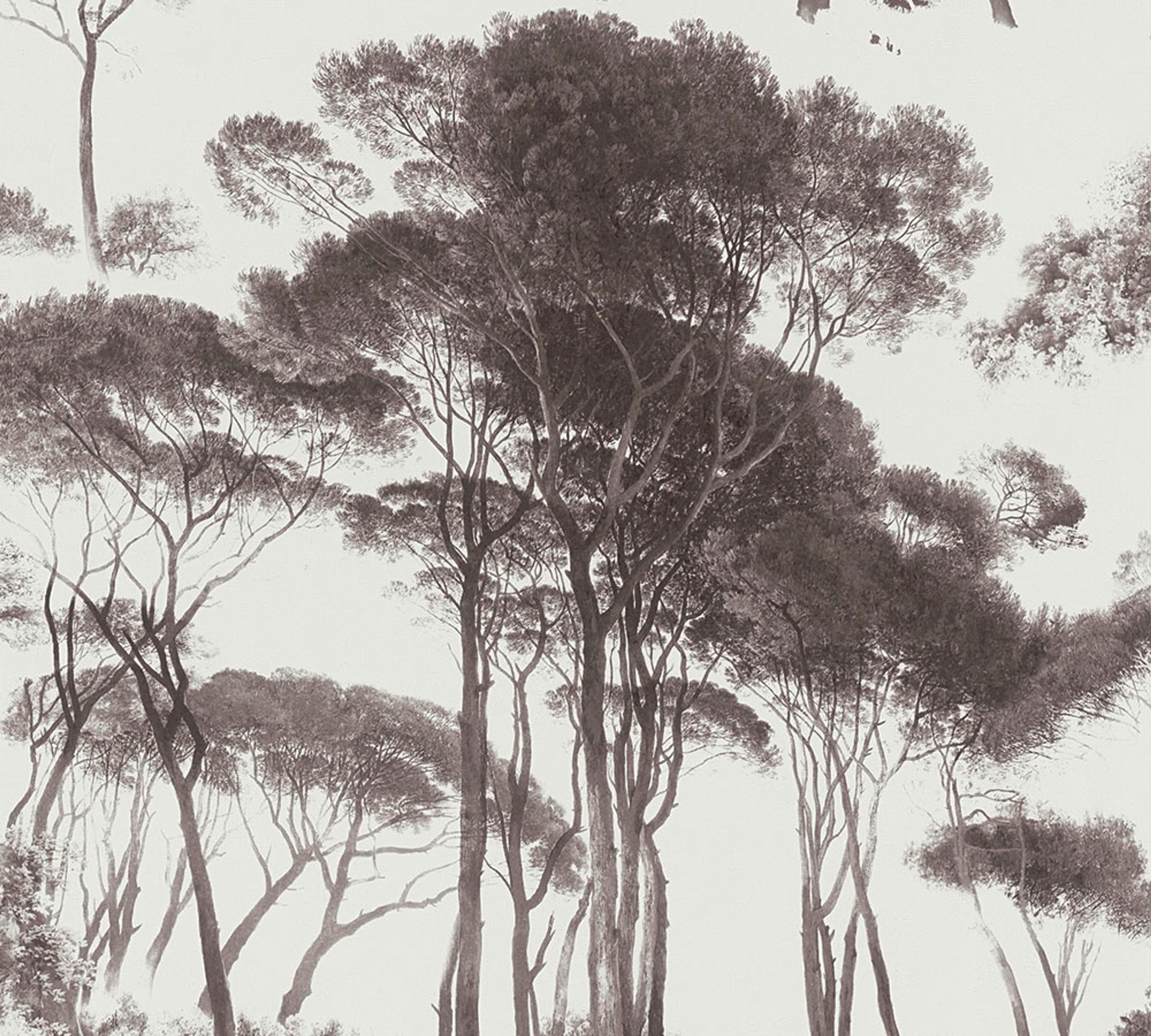 Treetops, strukturtapet i vit och grå tapet med djur mönster i vit. Från kollektionen history of art. Nonwoven-material med förskjuten passning. Passar i vardagsrum och matsal.