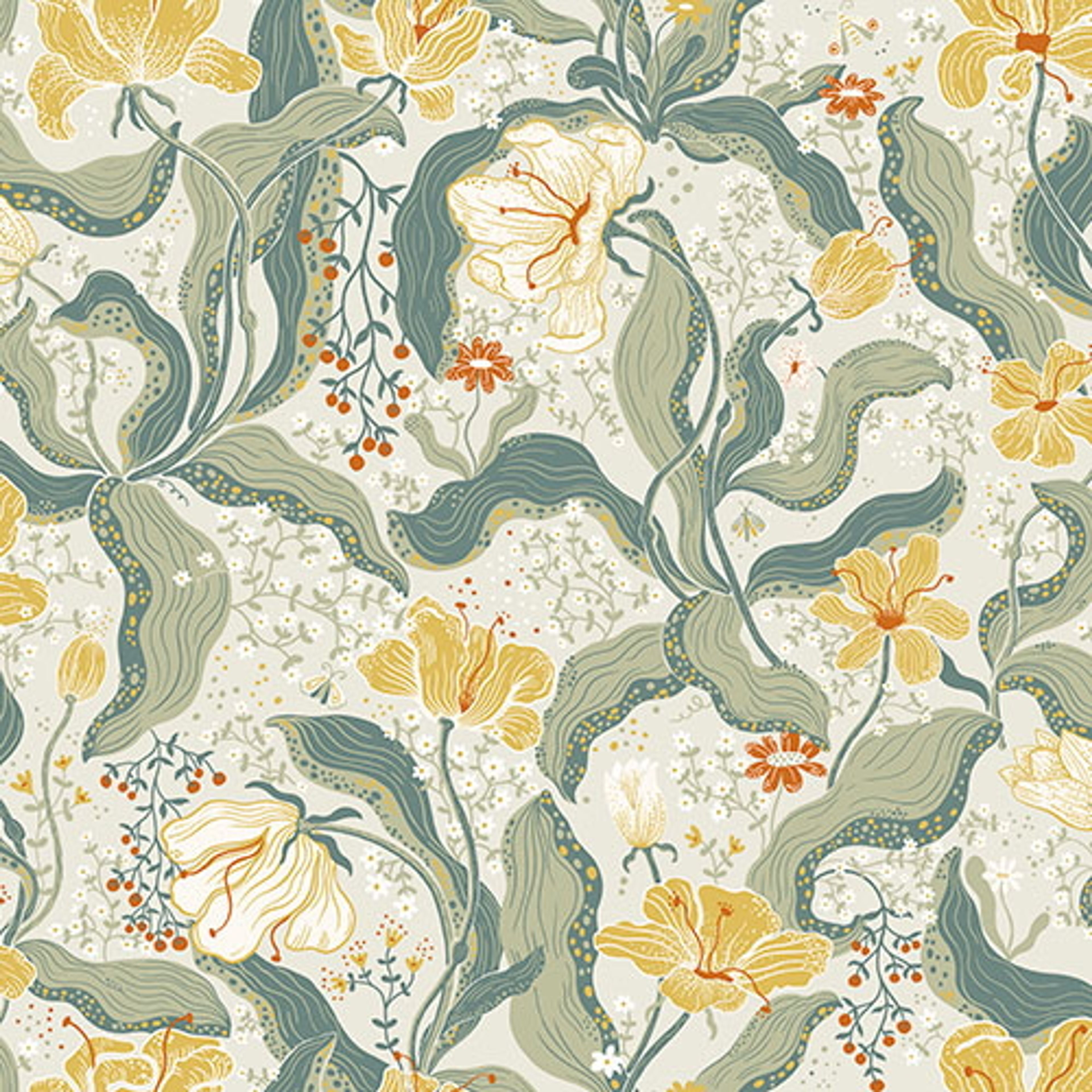 Bodri blommor och blad i grönt och gult tapet med blommigt mönster i gul och grön. Från kollektionen Lina 2. Nonwoven-material med förskjuten passning.